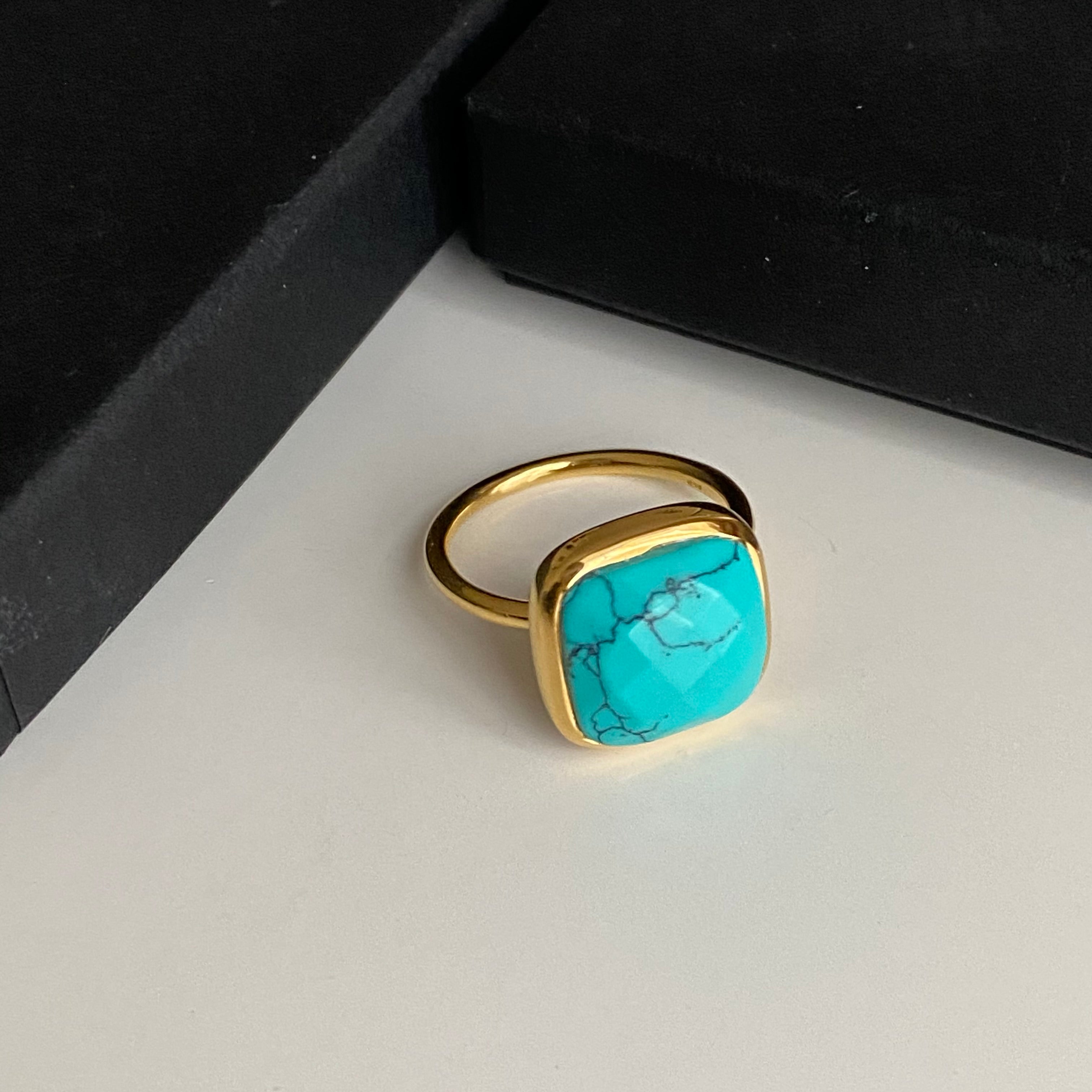 Gold Plated Silver Ring with Square Semiprecious Stone - Turquoise