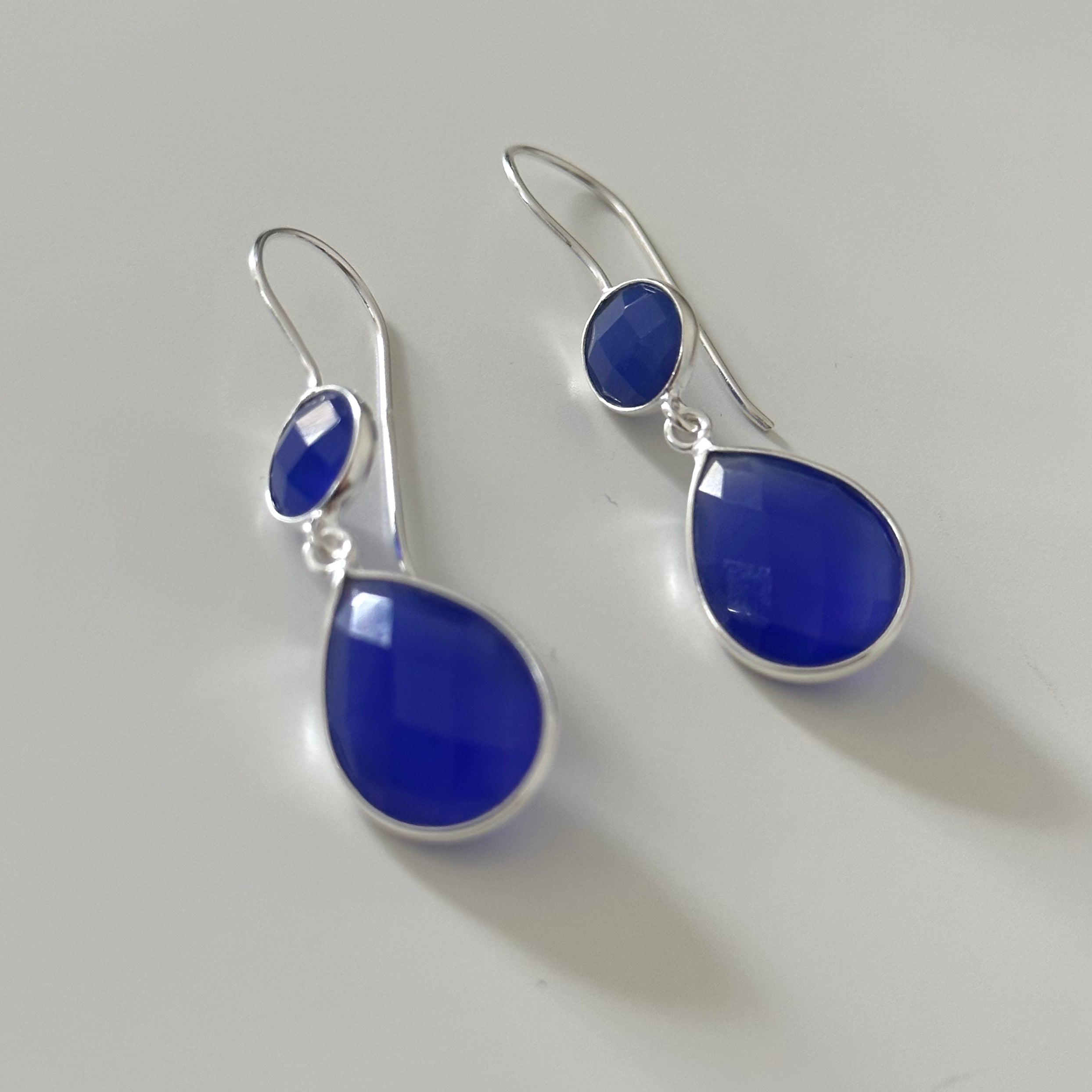 Blue Chalcedony Gemstone Two Stone Earrings in Sterling Silver - Teardrop