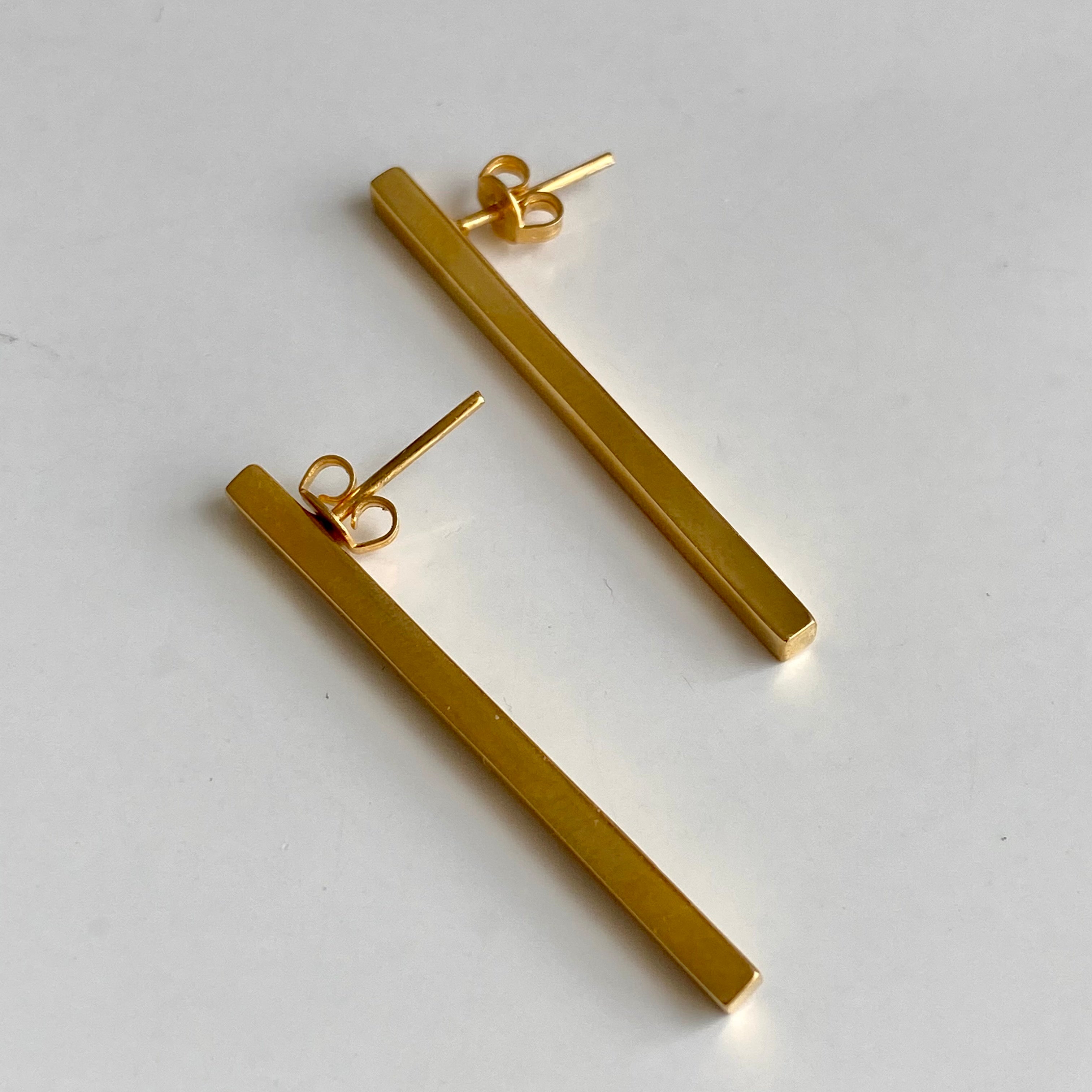 Long Cuboid Shaped Straight Bar Gold Plated Sterling Silver Earrings