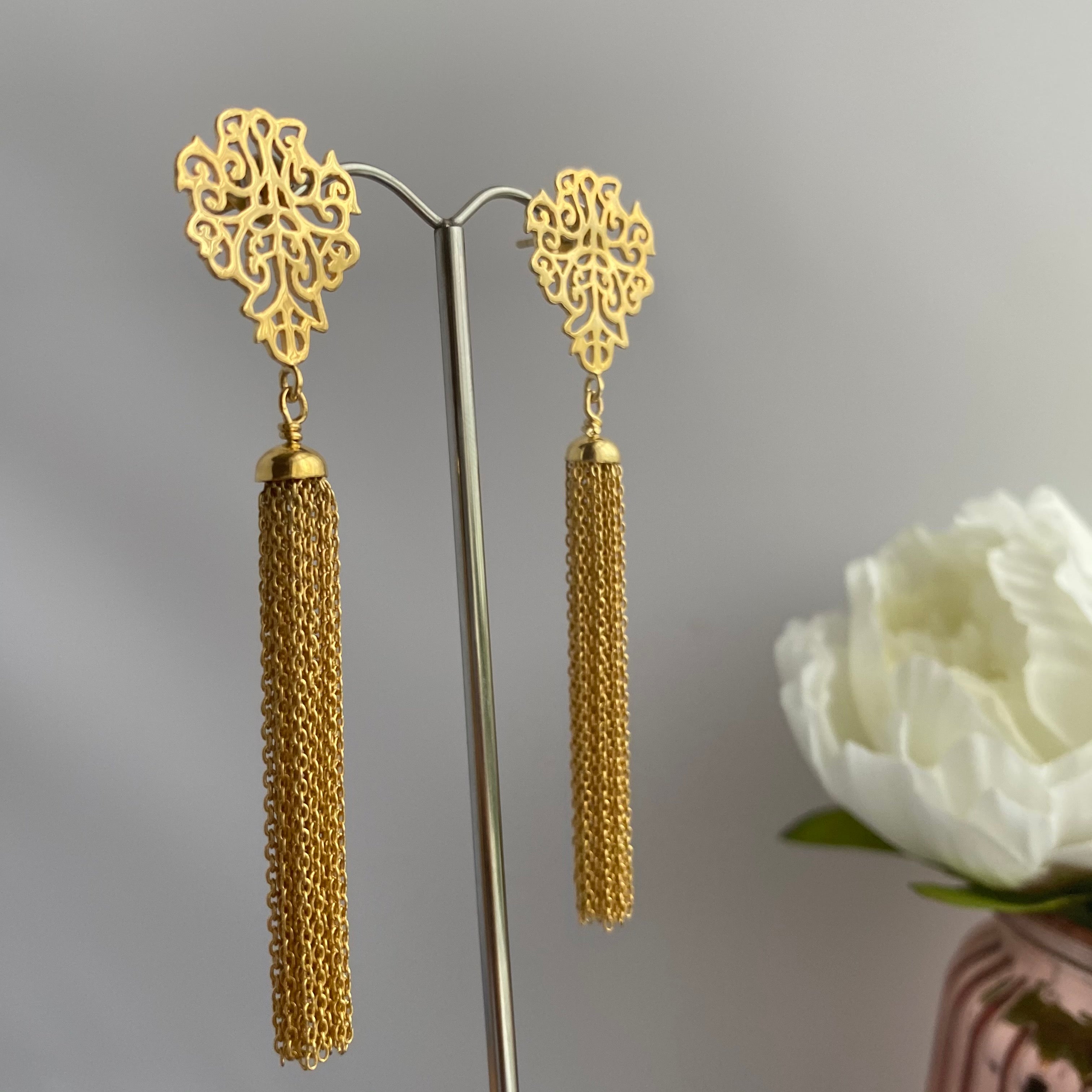 Gold Plated Sterling Silver Intricate Filigree Long Earrings with Tassels