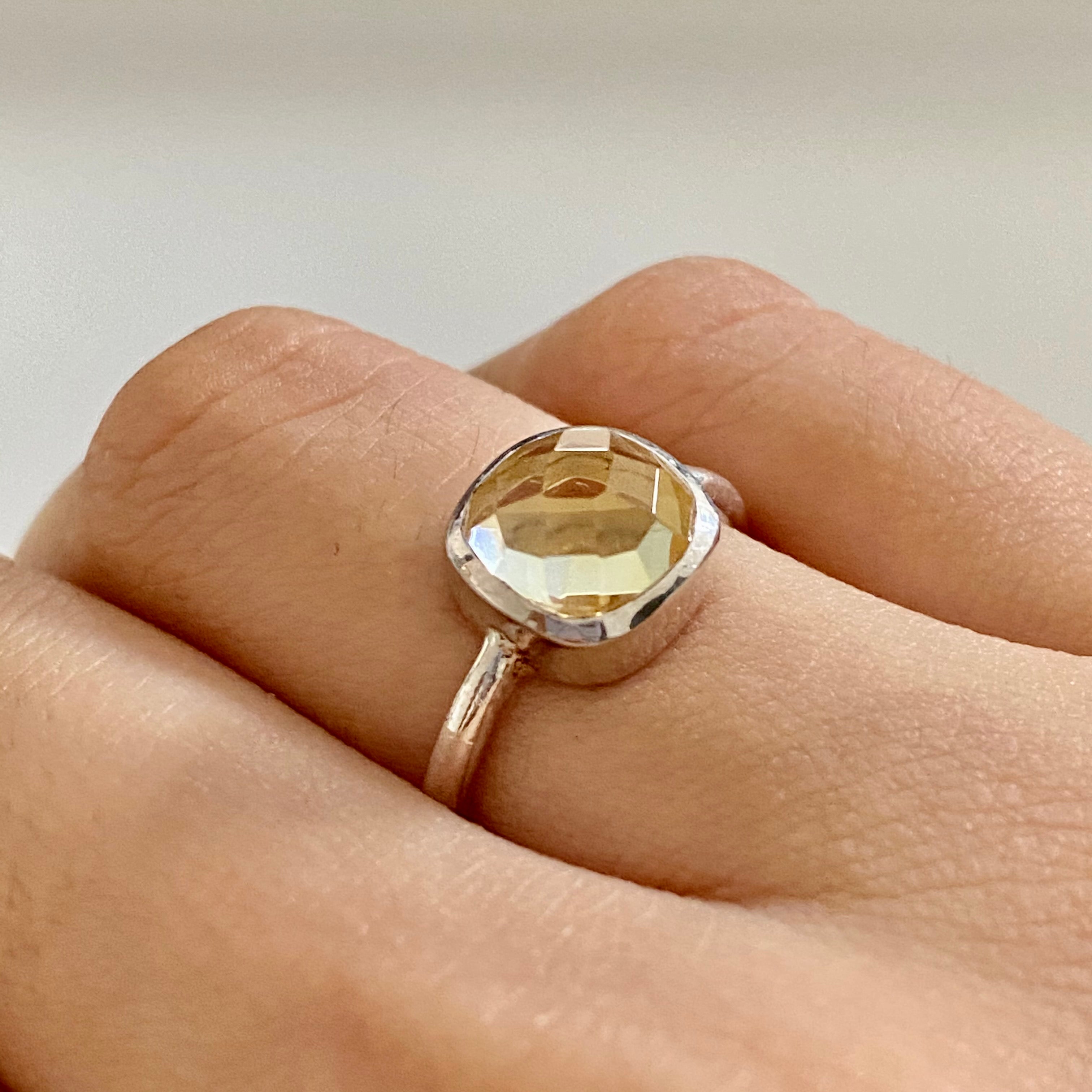 Faceted Square Cut Natural Gemstone Sterling Silver Solitaire Ring - Citrine