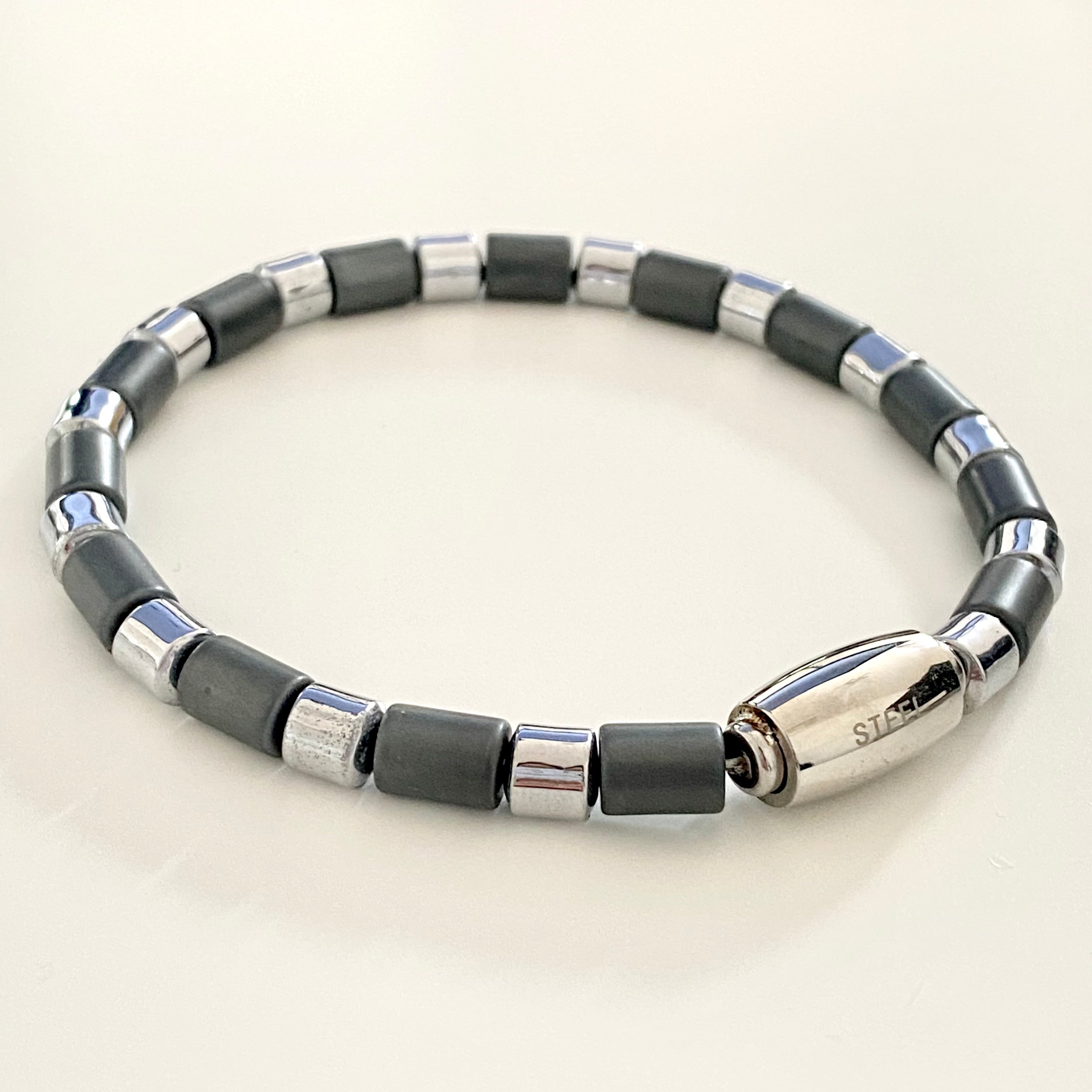 Haematite and Stainless Steel Bead Bracelet with Magnetic Stainless Steel Clasp