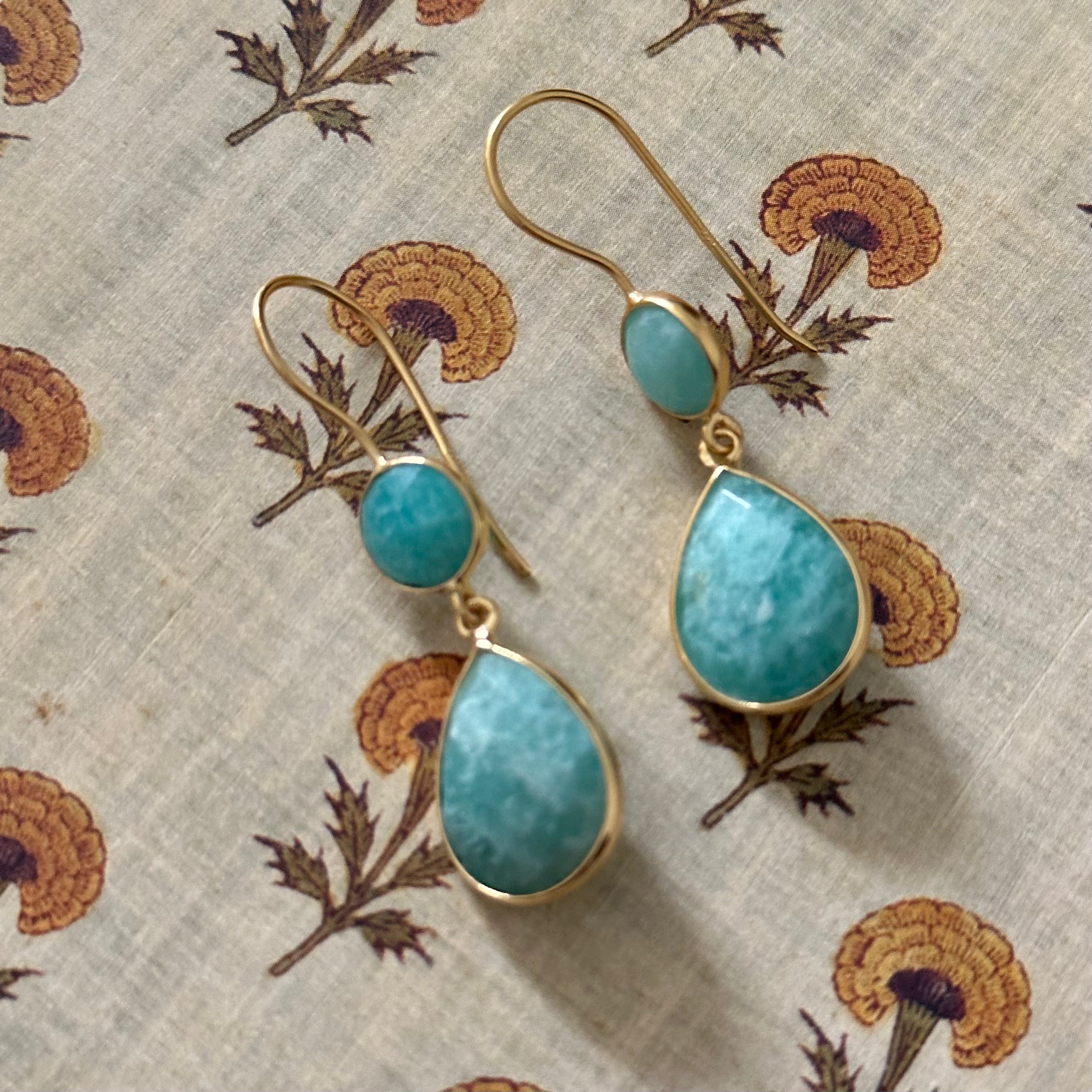 Amazonite Gemstone Two Stone Earrings in Gold Plated Sterling Silver - Teardrop