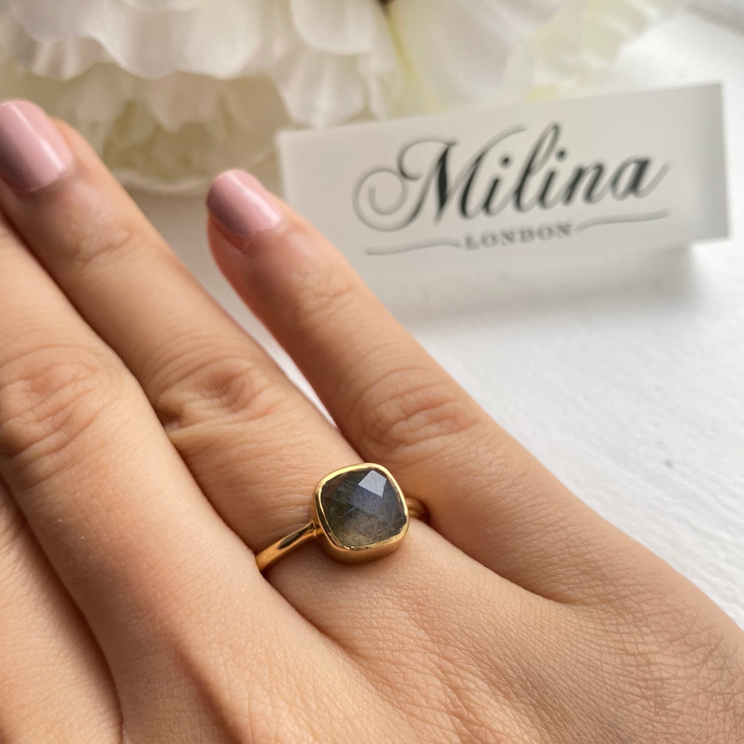 Faceted Square Cut Natural Gemstone Gold Plated Sterling Silver Solitaire Ring - Labradorite