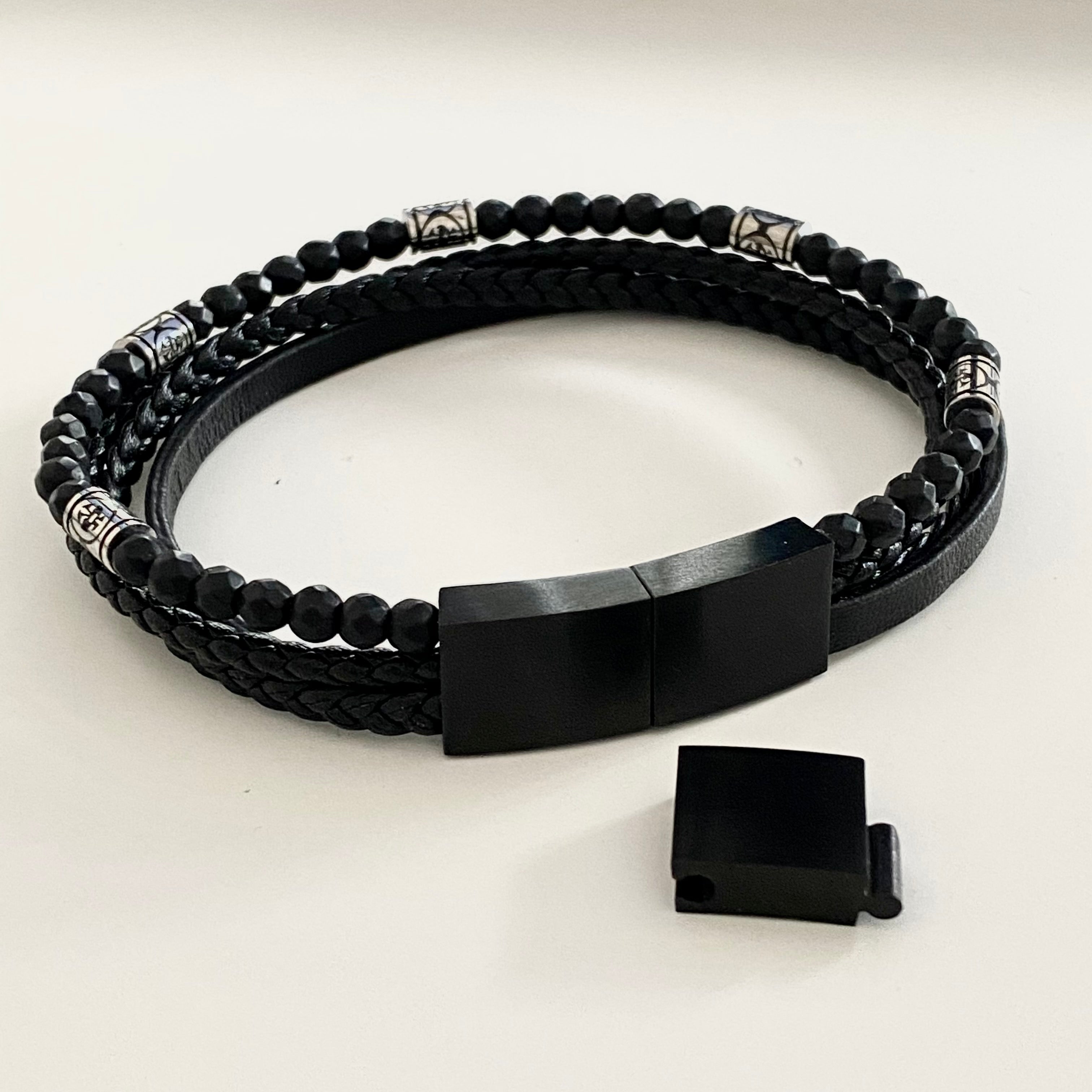 Black Nappa Leather 4 Band Bracelet with Black Onyx and Magnetic Steel Clasp