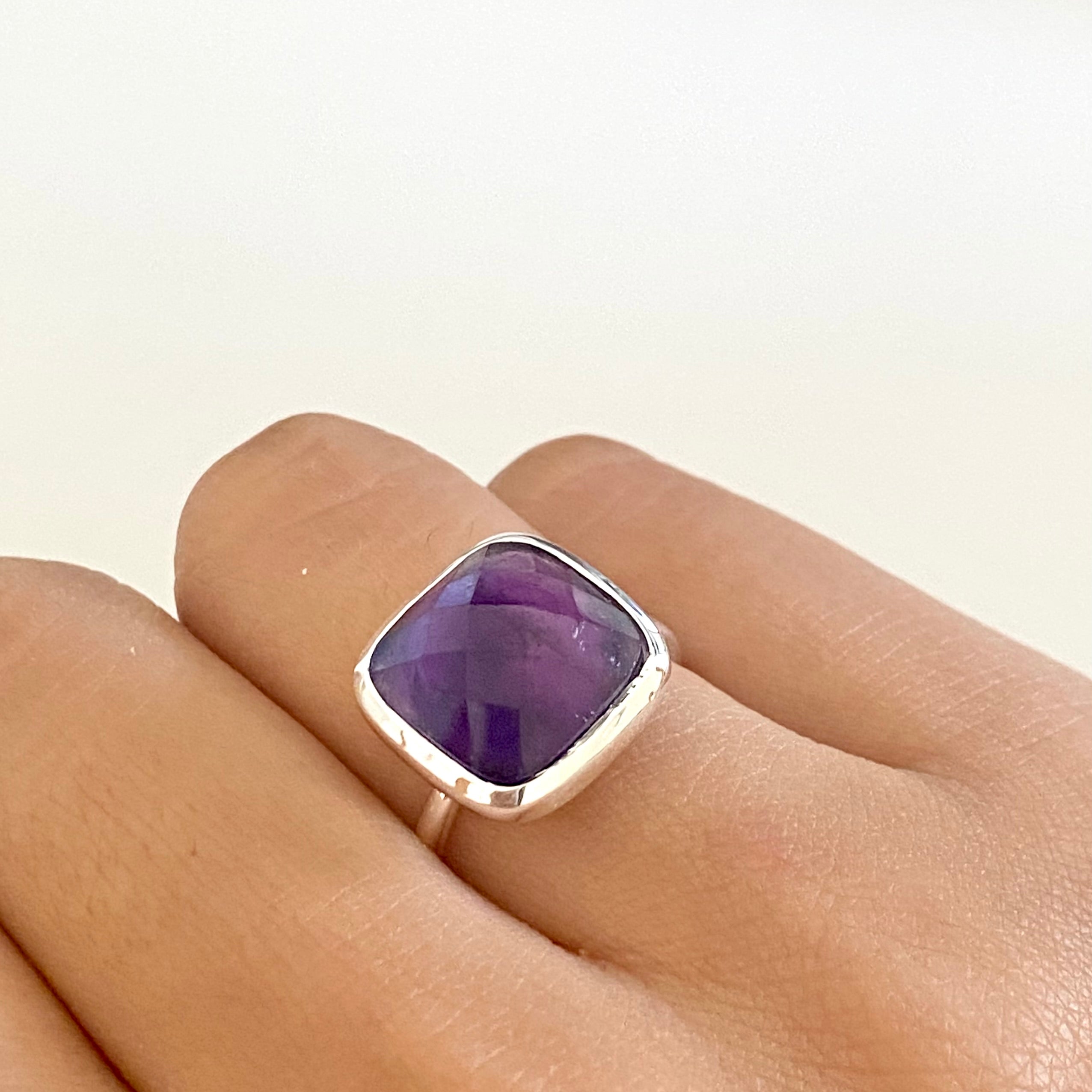 Silver Ring with Square Semiprecious Stone - Amethyst