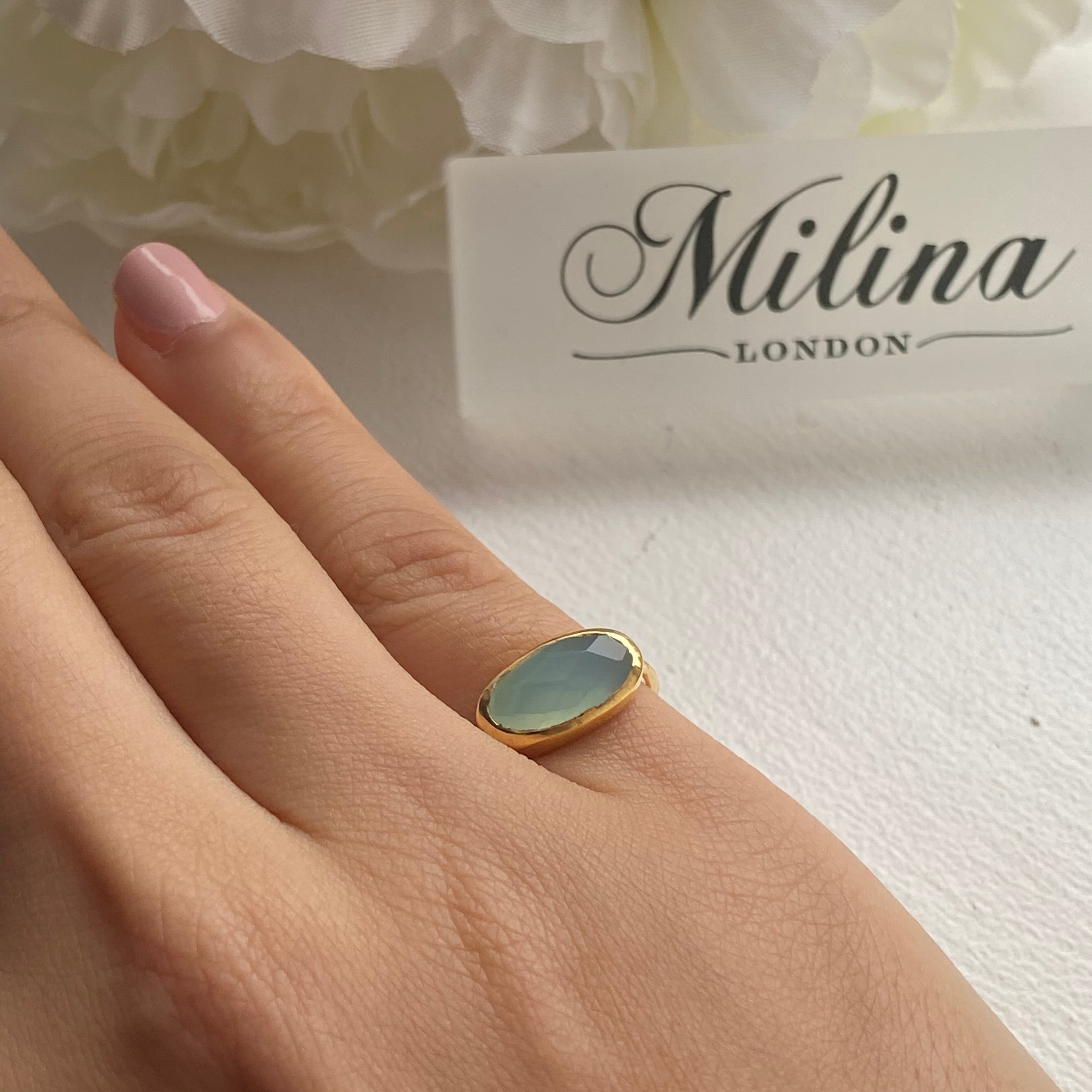 Faceted Oval Cut Natural Gemstone Gold Plated Sterling Silver Fine Band Ring - Aqua Chalcedony