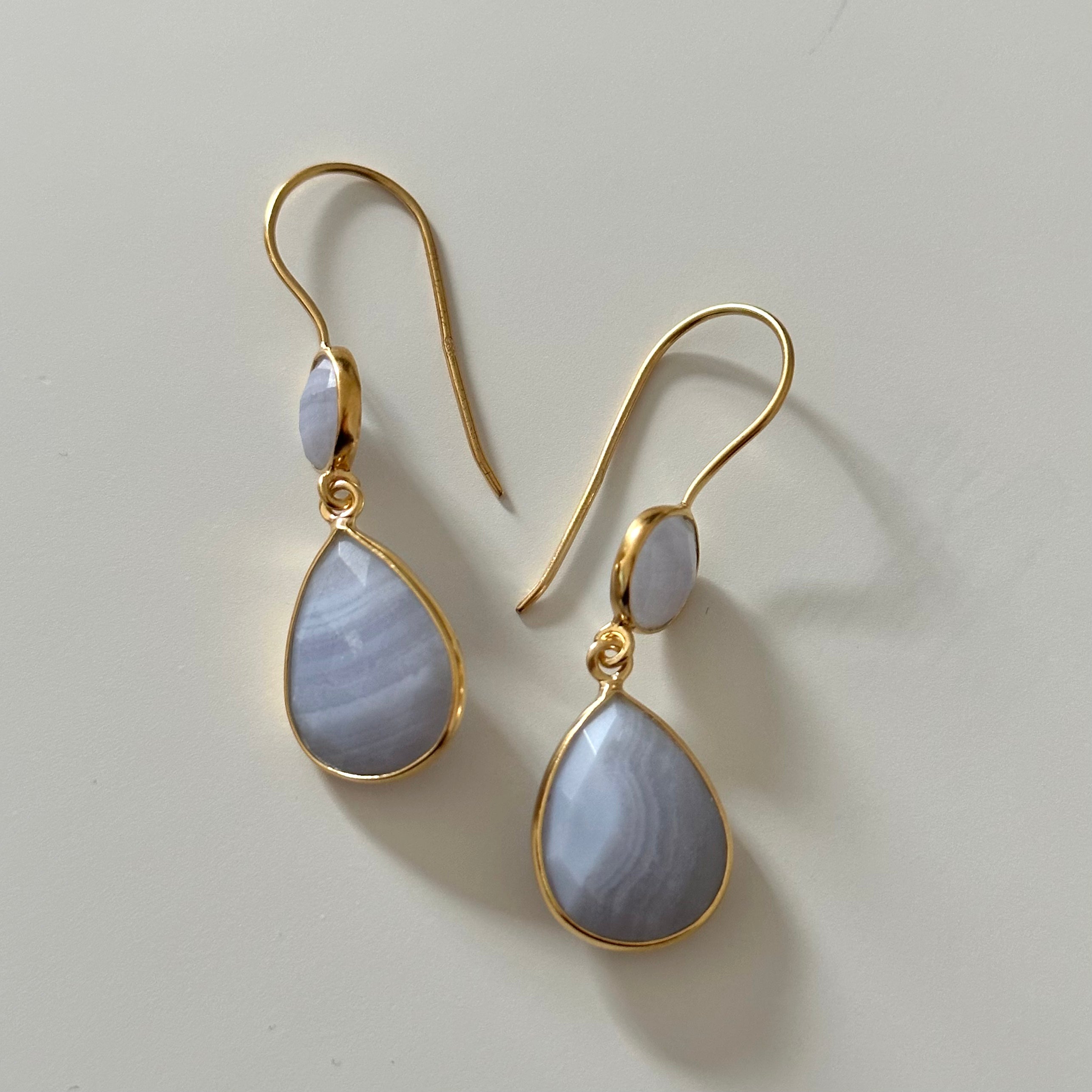 Blue Laced Agate Gemstone Two Stone Earrings in Gold Plated Sterling Silver - Teardrop