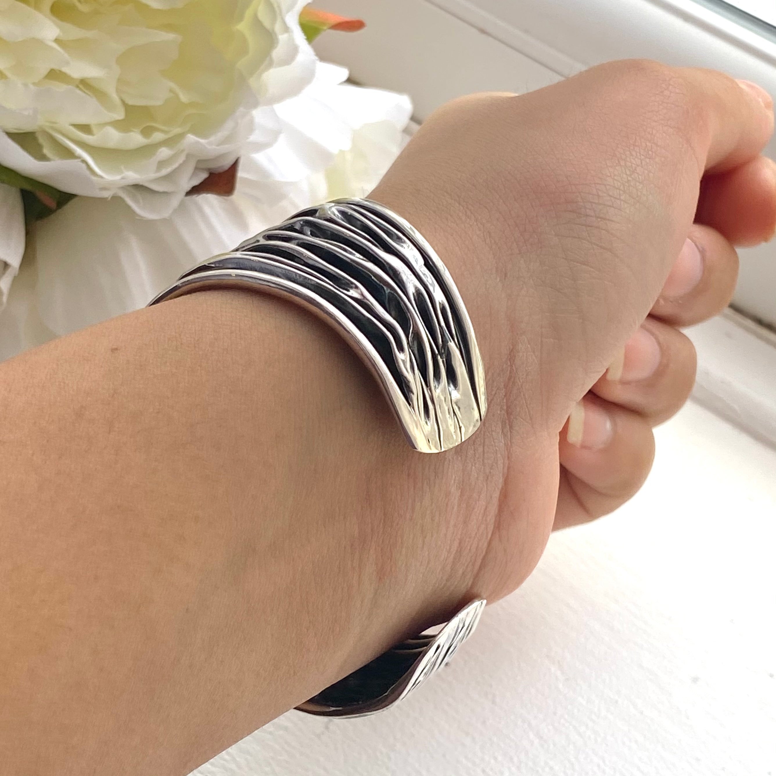 Wide Oxidised Sterling Silver Textured Patterned Cuff