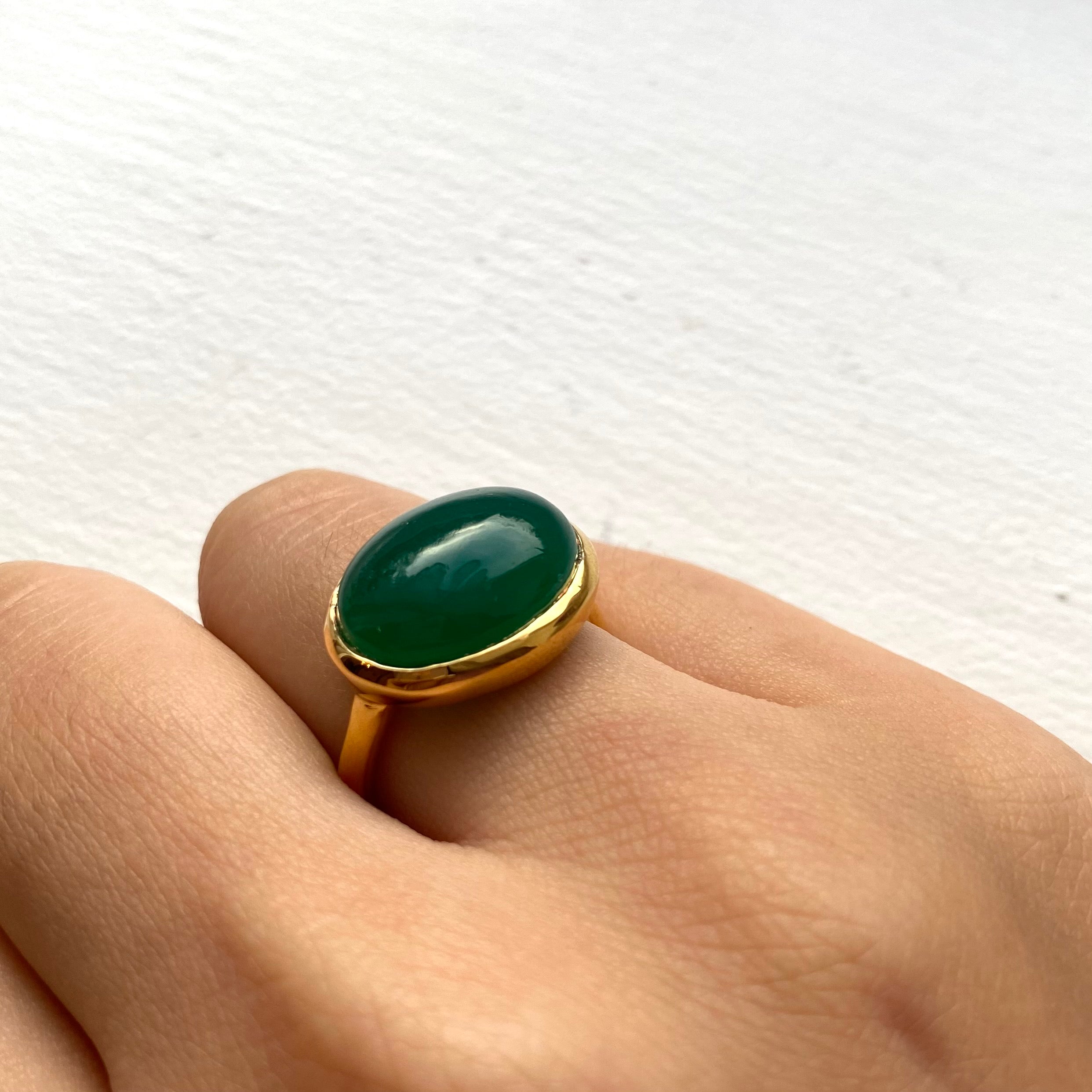 Cabochon Oval Cut Natural Gemstone Gold Plated Sterling Silver Ring - Green Onyx