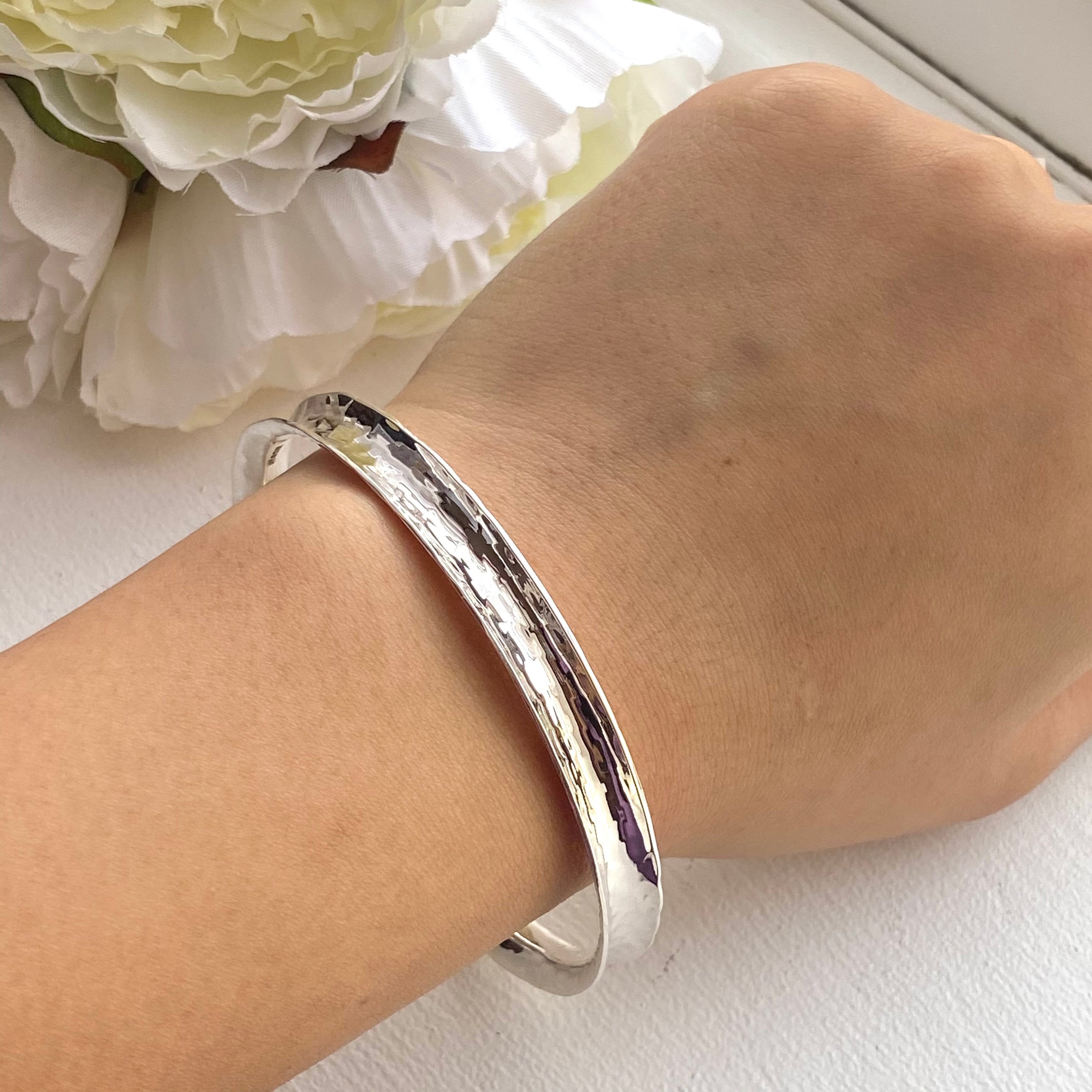 Chunky Sterling Silver 7mm wide Concave Bangle with a Hammered Finish