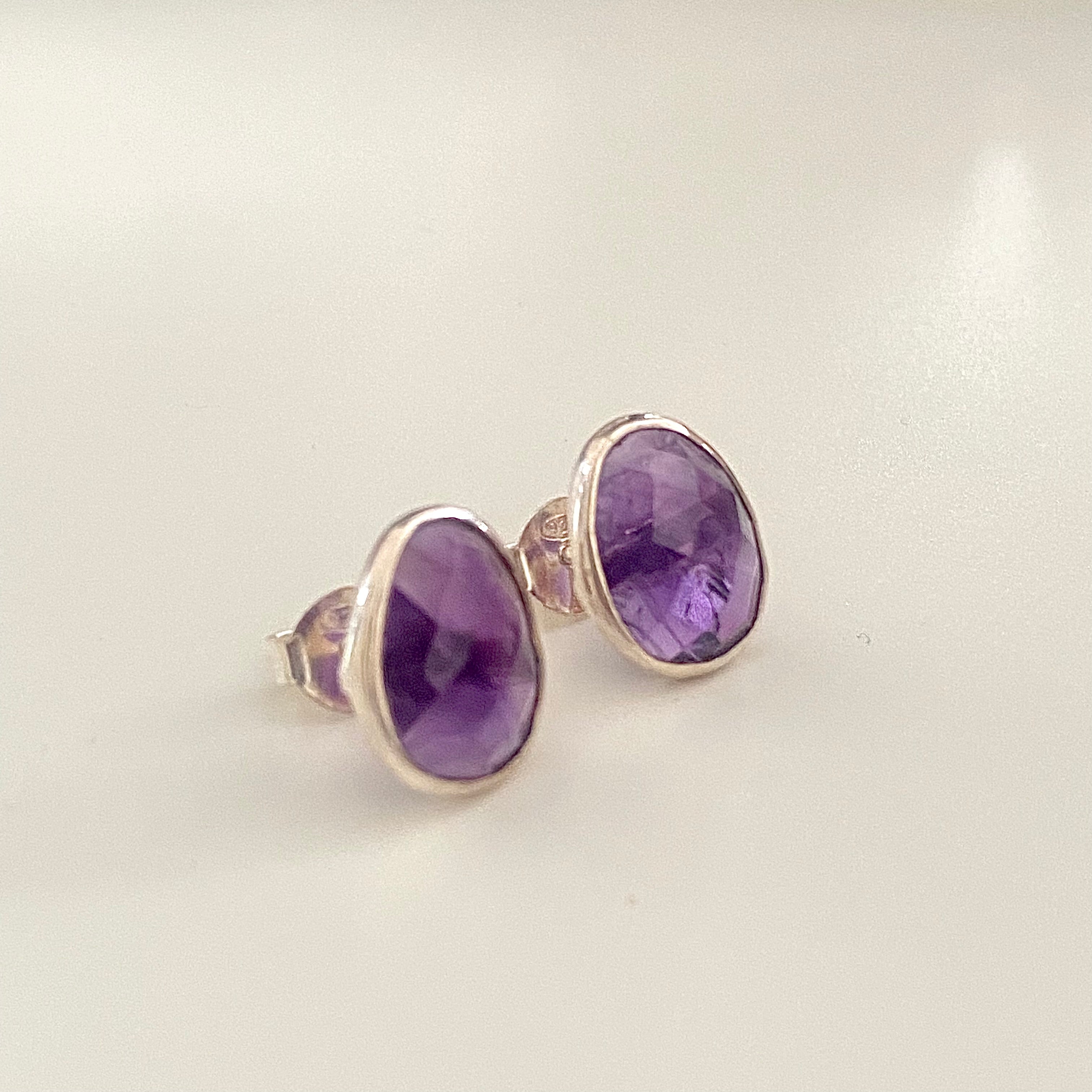 Amethyst Organic Elliptical Shaped Gemstone Studs in Sterling Silver