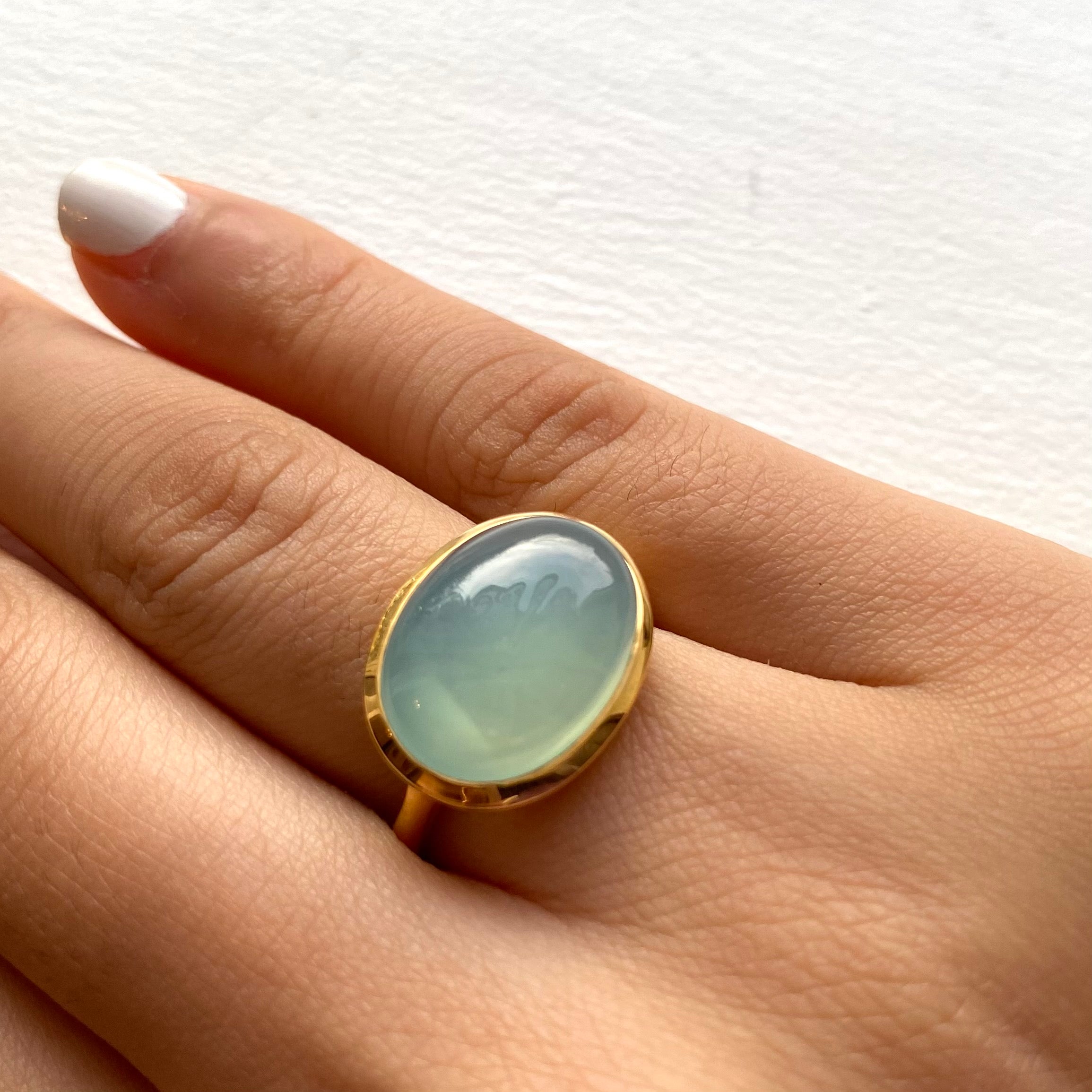 Cabochon Oval Cut Natural Gemstone Gold Plated Sterling Silver Ring - Aqua Chalcedony