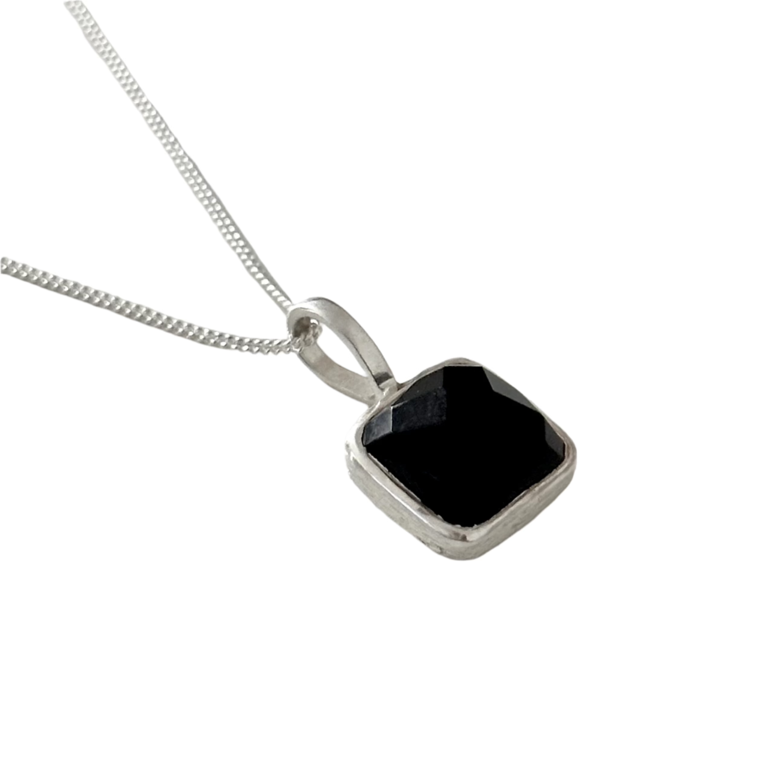 Sterling Silver Pendant Necklace with a Faceted Square Gemstone - Black Onyx