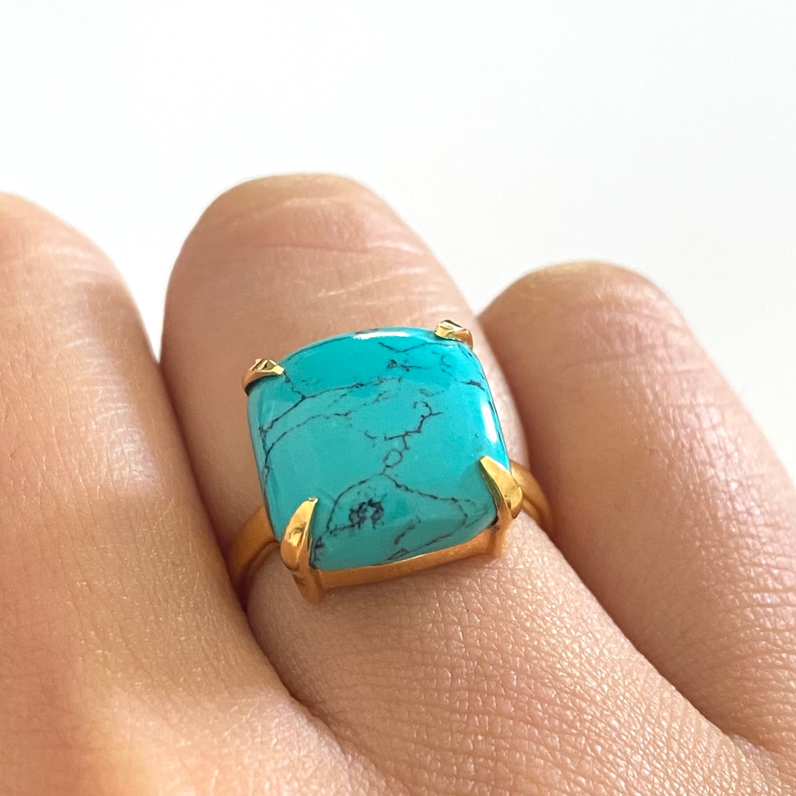 Square Cabochon Turquoise Ring in Gold Plated Sterling Silver