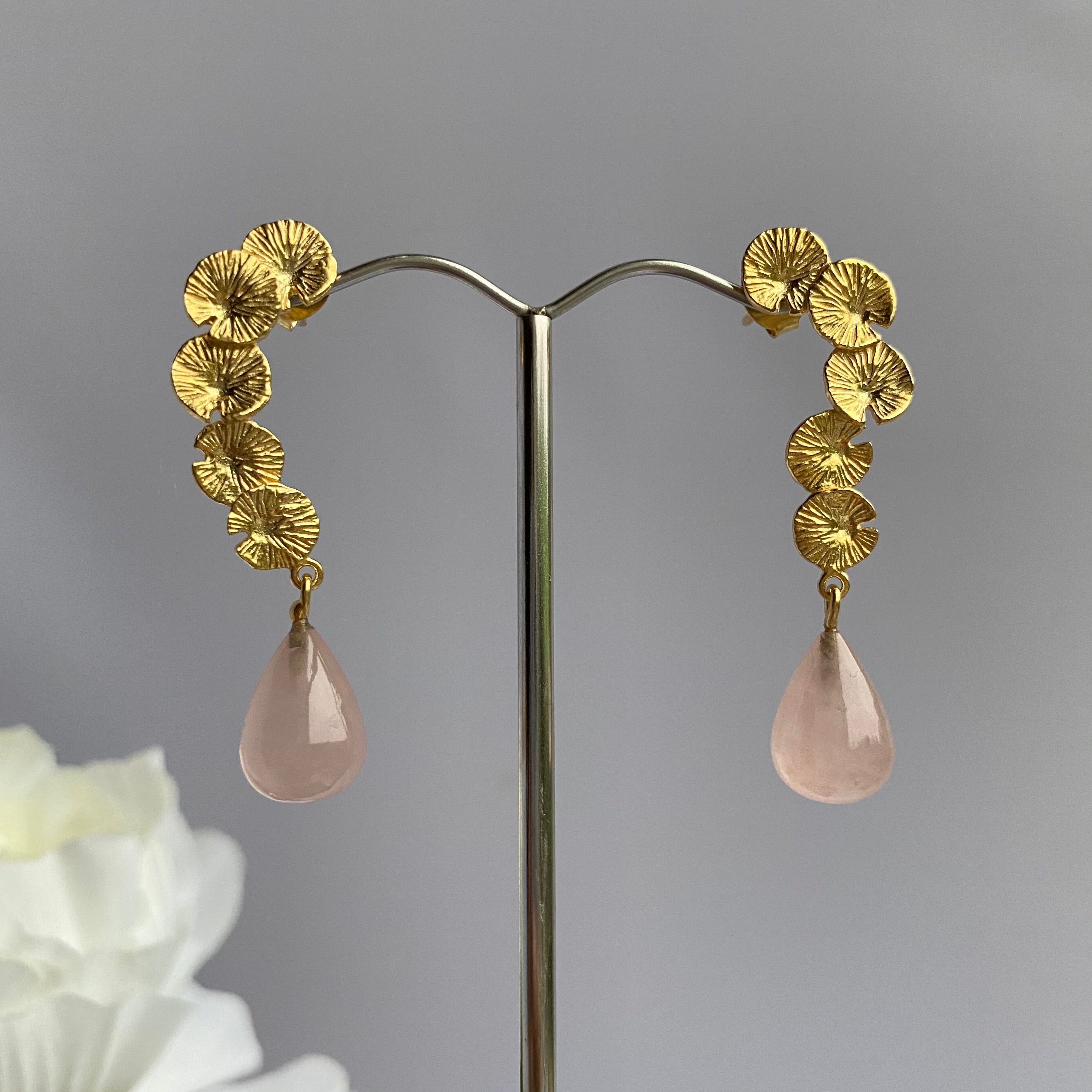 Lily Pad Earrings in Gold Plated Sterling Silver with a Rose Quartz Stone Drop