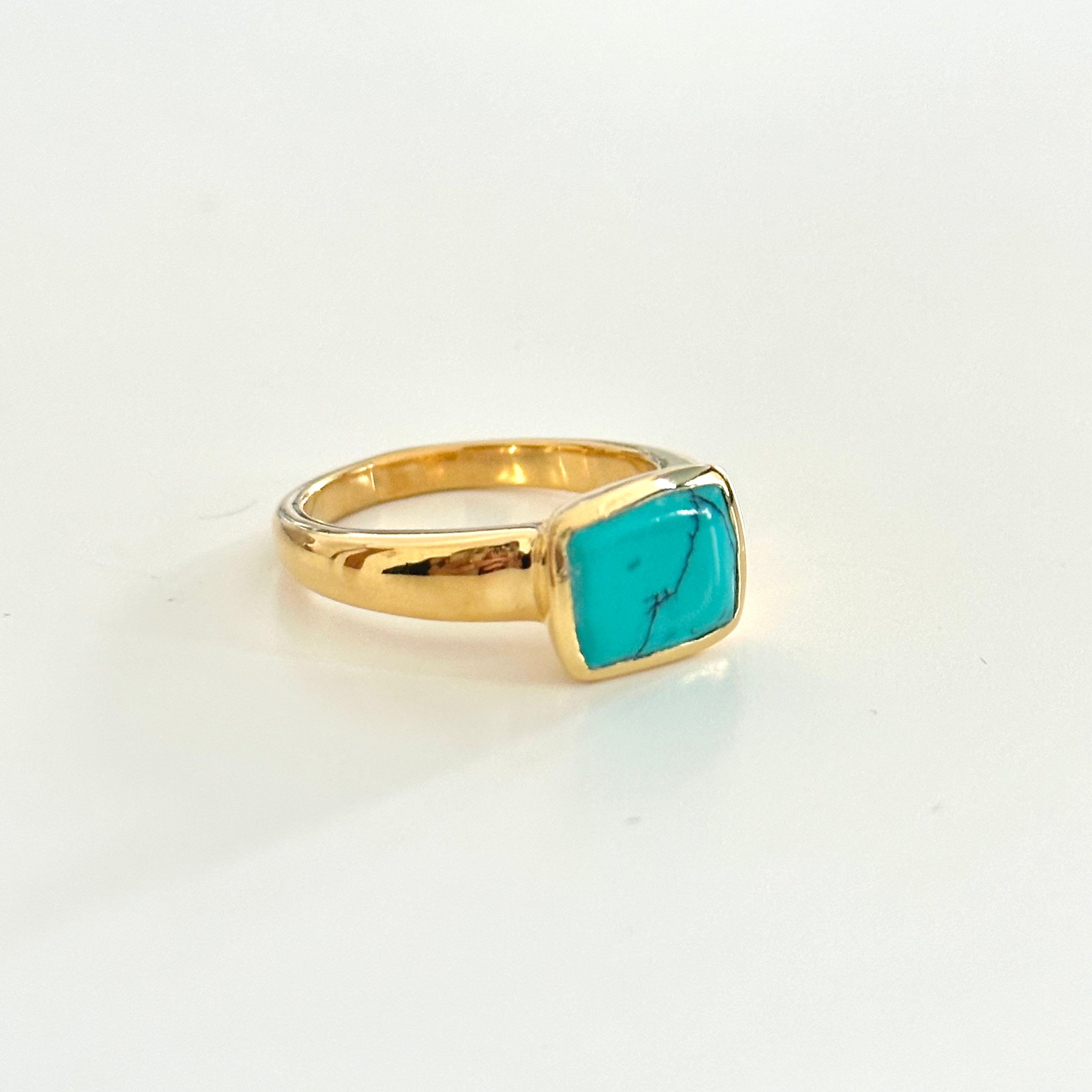 Faceted Rectangular Cut Natural Gemstone Gold Plated Sterling Silver Ring - Turquoise