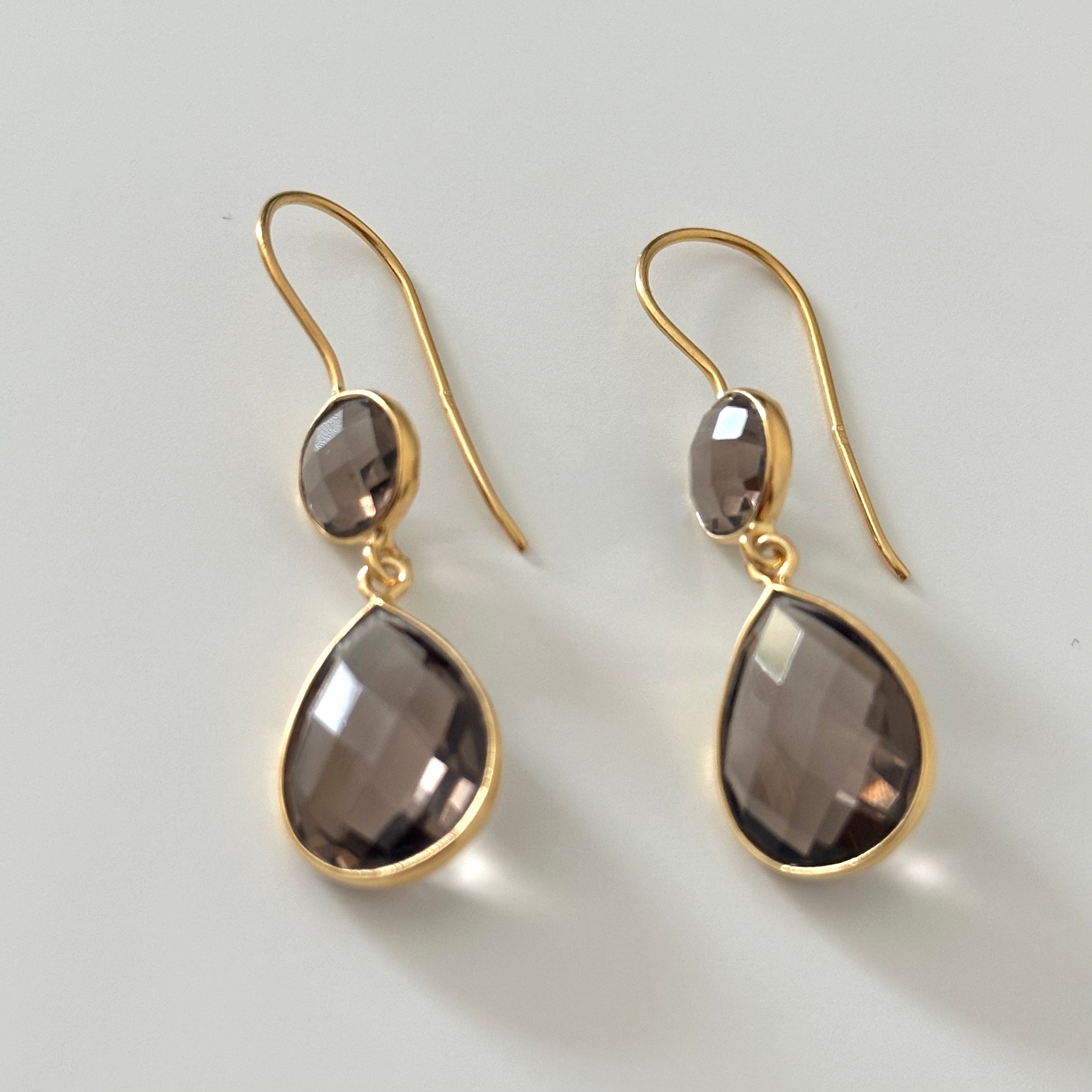 Smoky Quartz Gemstone Two Stone Earrings in Gold Plated Sterling Silver - Teardrop