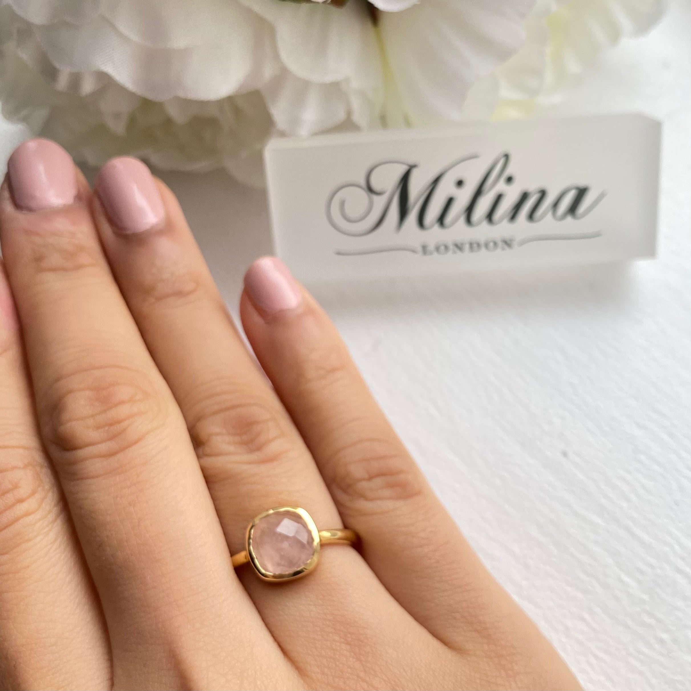 Faceted Square Cut Natural Gemstone Gold Plated Sterling Silver Solitaire Ring - Rose Quartz