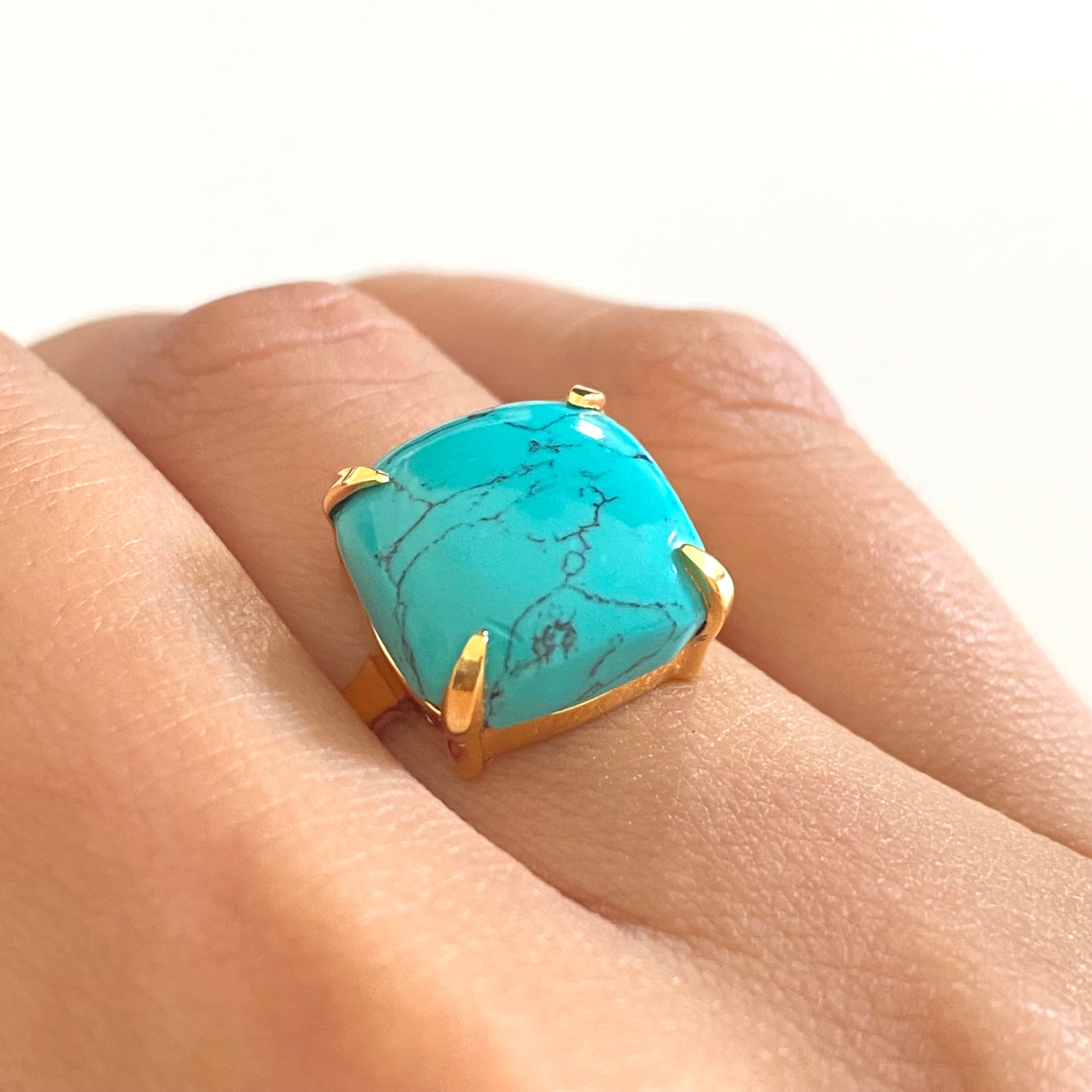 Square Cabochon Turquoise Ring in Gold Plated Sterling Silver