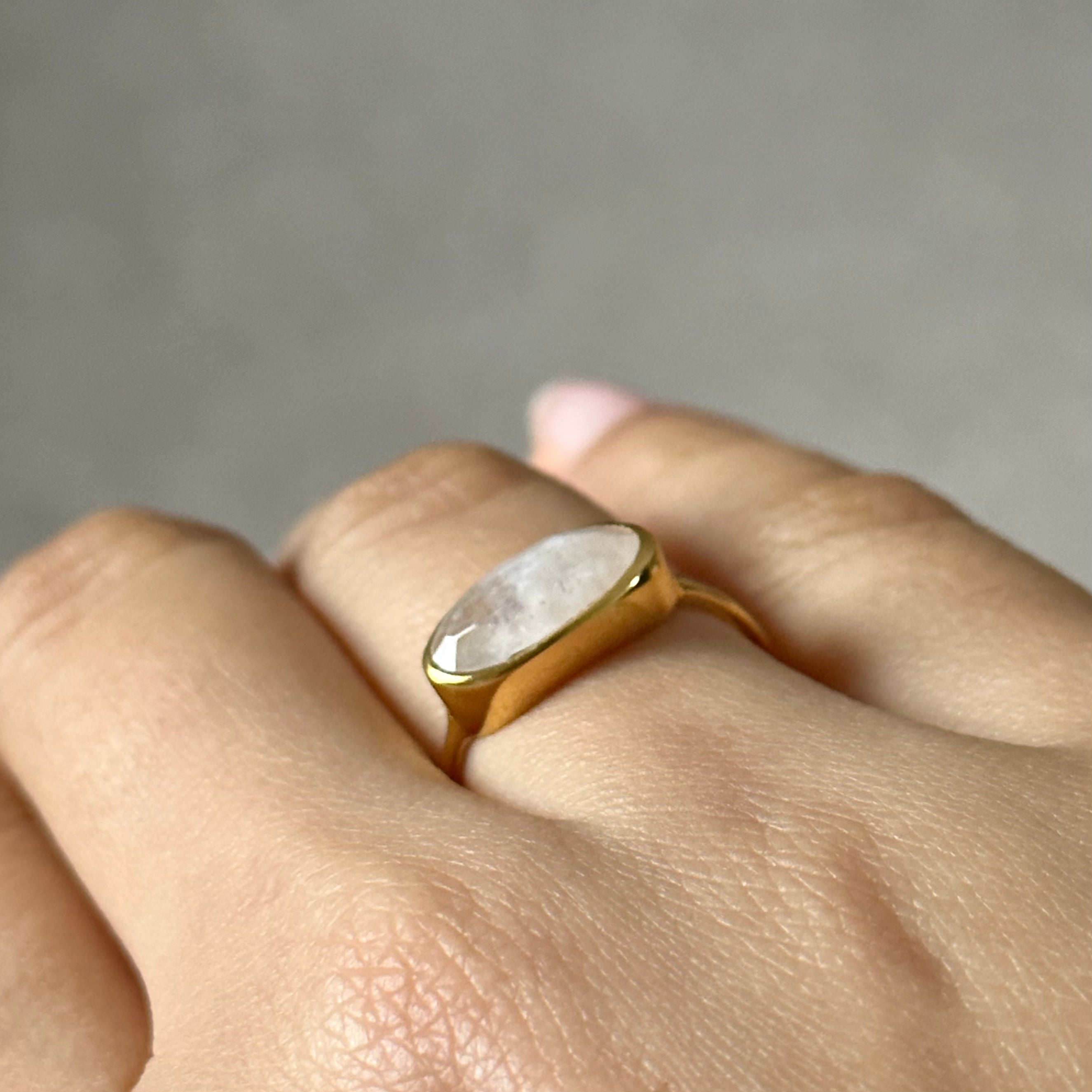 Faceted Oval Cut Natural Gemstone Gold Plated Sterling Silver Fine Band Ring - Moonstone