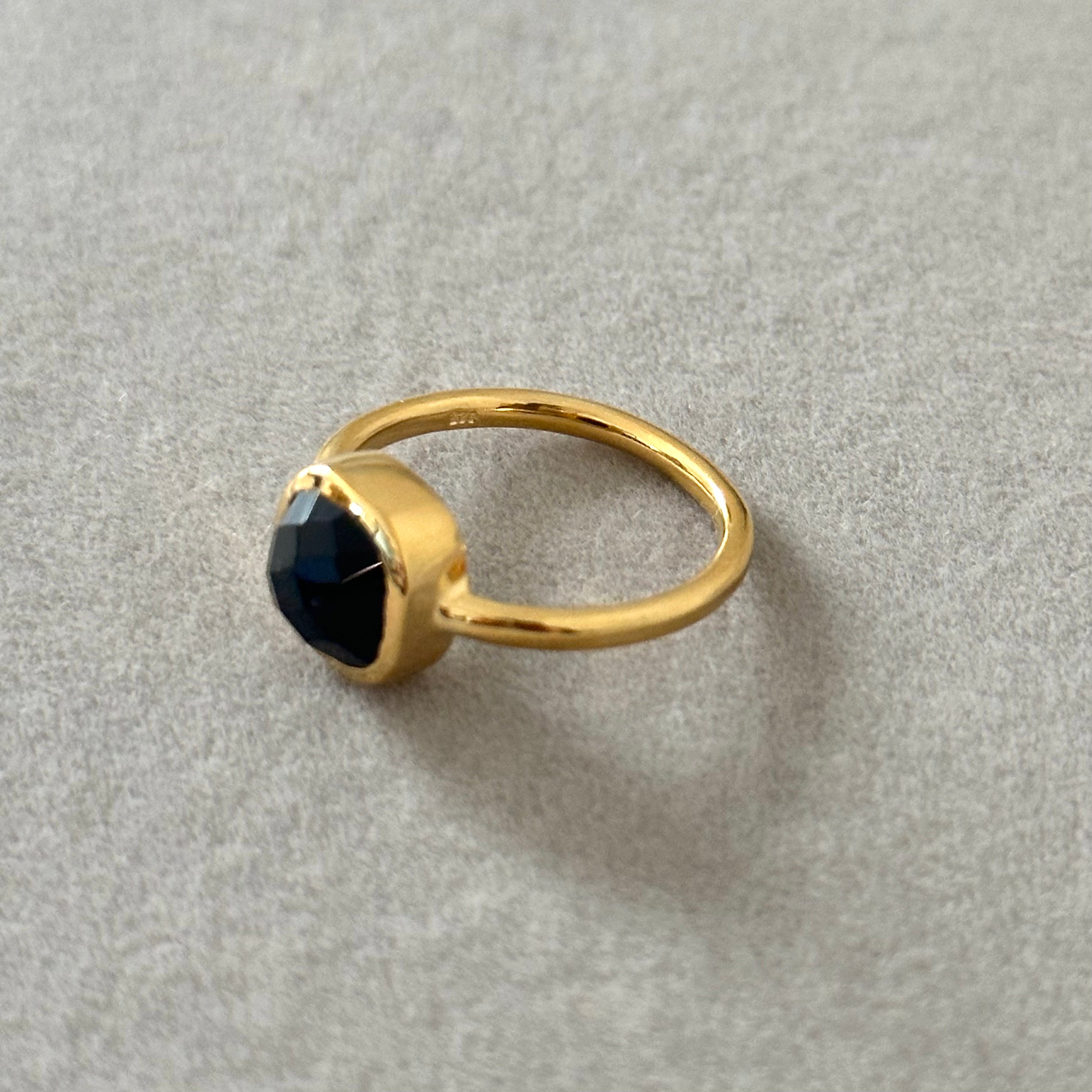 Square Cut Natural Gemstone Gold Plated Sterling Silver Solitaire Ring -Black Onyx