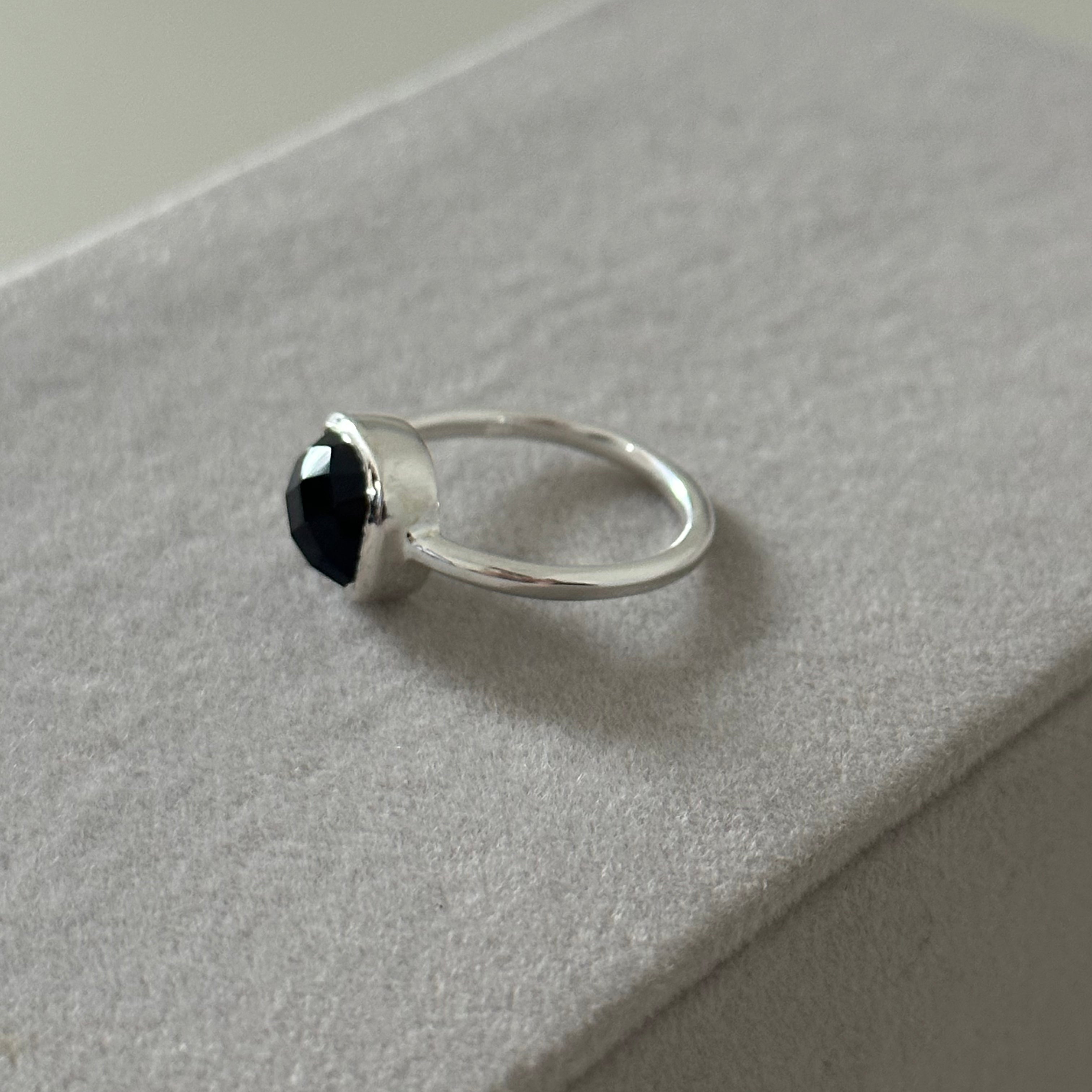 Square Cut Natural Gemstone Sterling Silver Solitaire Ring - Black Onyx