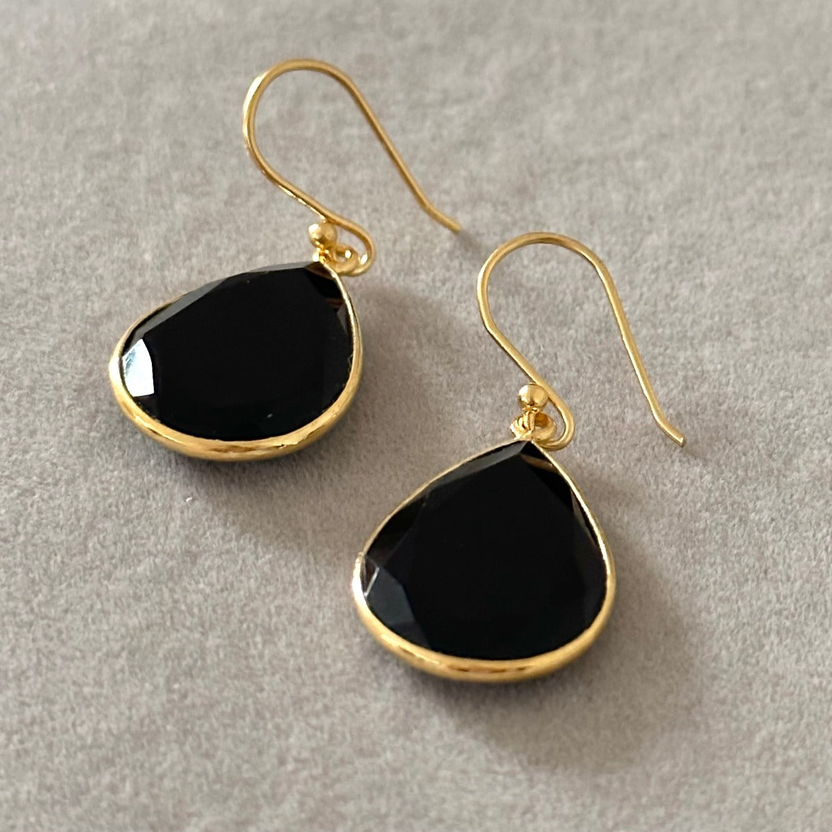 Black Onyx Gold Plated Sterling Silver Earrings with a Tear Drop Shaped Gemstone - Milina London