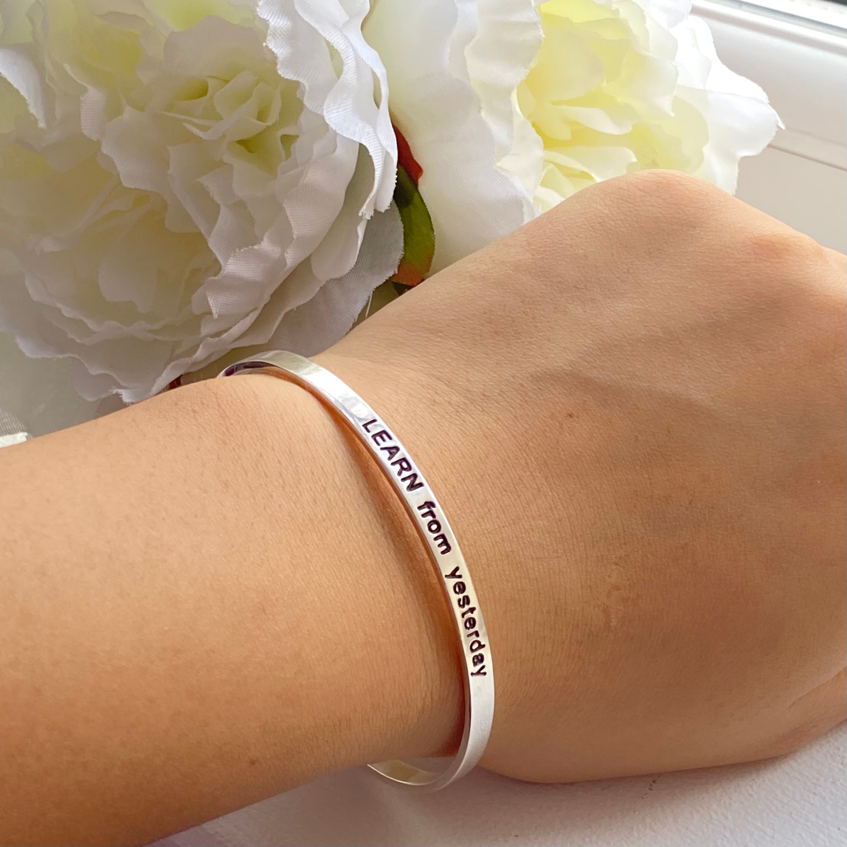 Sterling Silver Motivational Quote Bangle - Learn From Yesterday