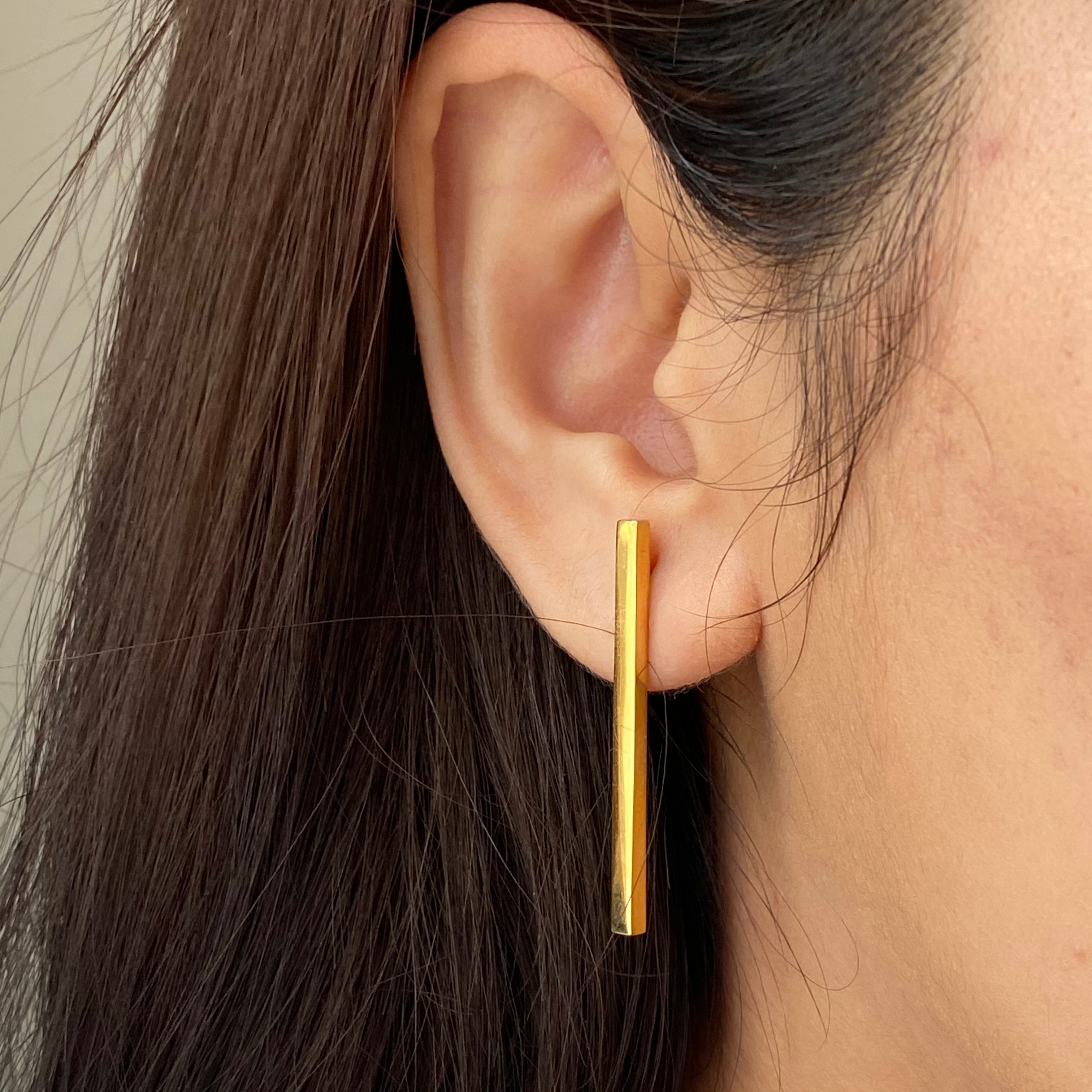 Long Cuboid Shaped Straight Bar Gold Plated Sterling Silver Earrings