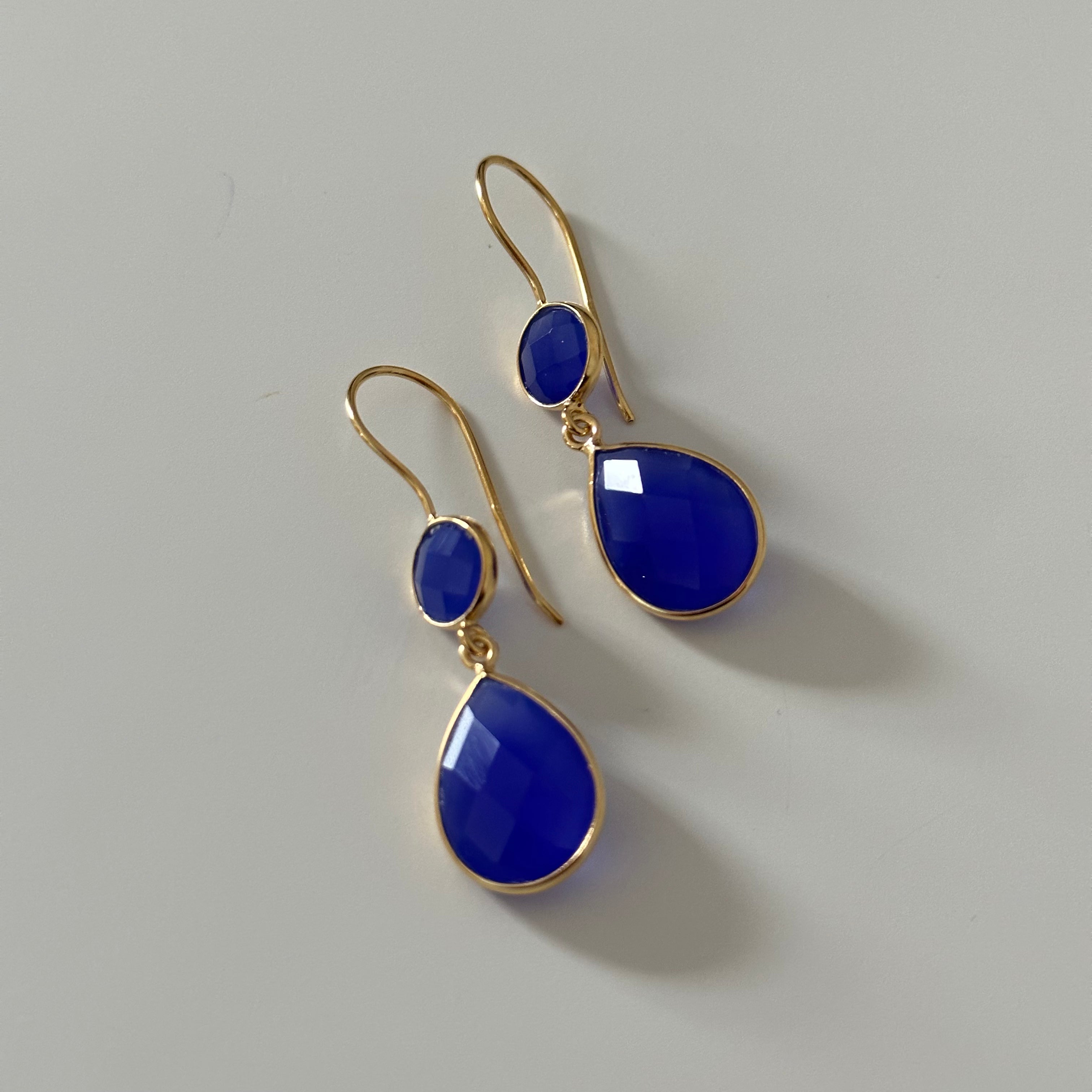 Blue Chalcedony Gemstone Two Stone Earrings in Gold Plated Sterling Silver - Teardrop