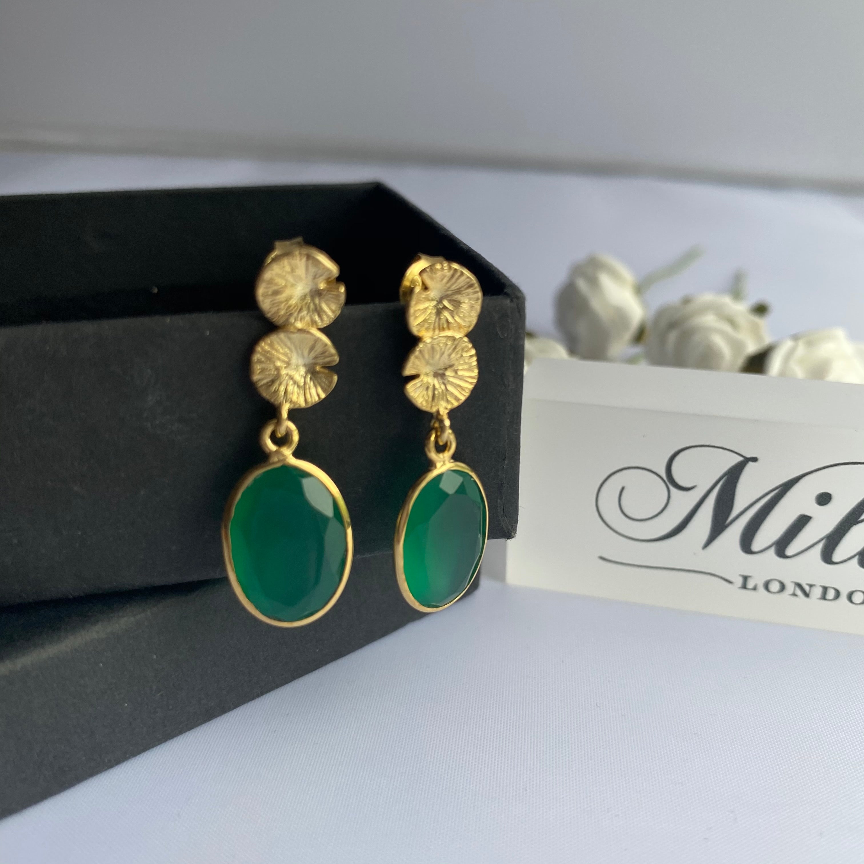 Lily Pad Earrings in Gold Plated Sterling Silver with a Green Onyx Gemstone Drop