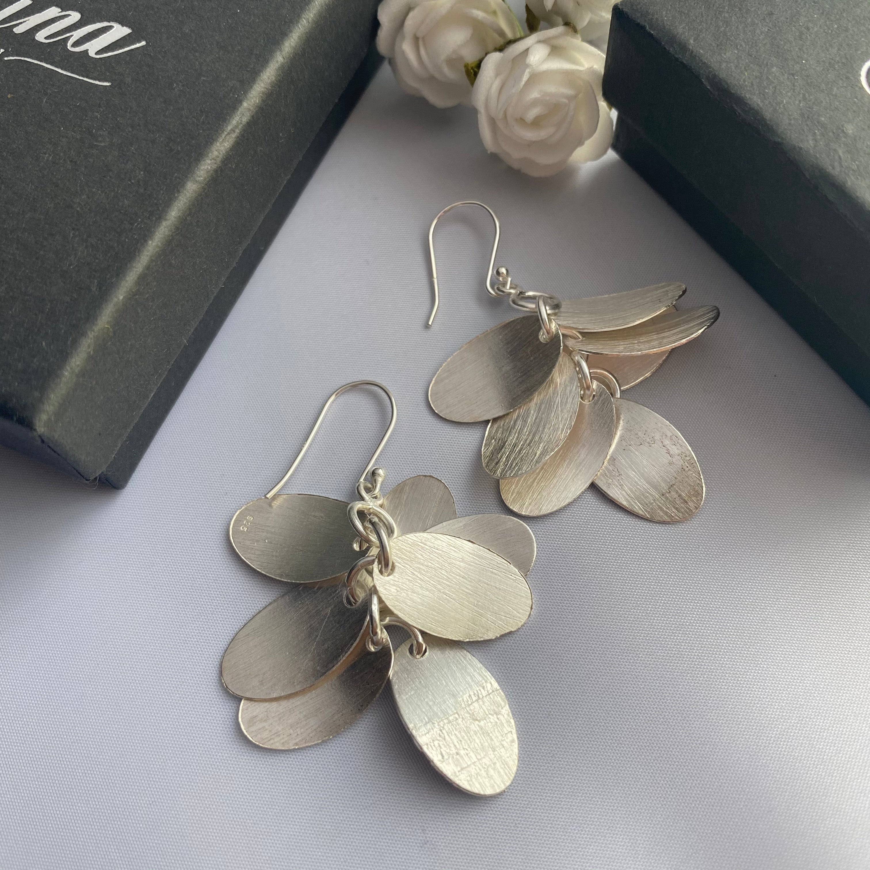 Falling Leaves Brushed Silver Long Dangle Earrings Milina London