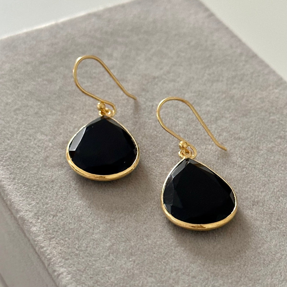 Black Onyx Gold Plated Sterling Silver Earrings with a Tear Drop Shaped Gemstone - Milina London