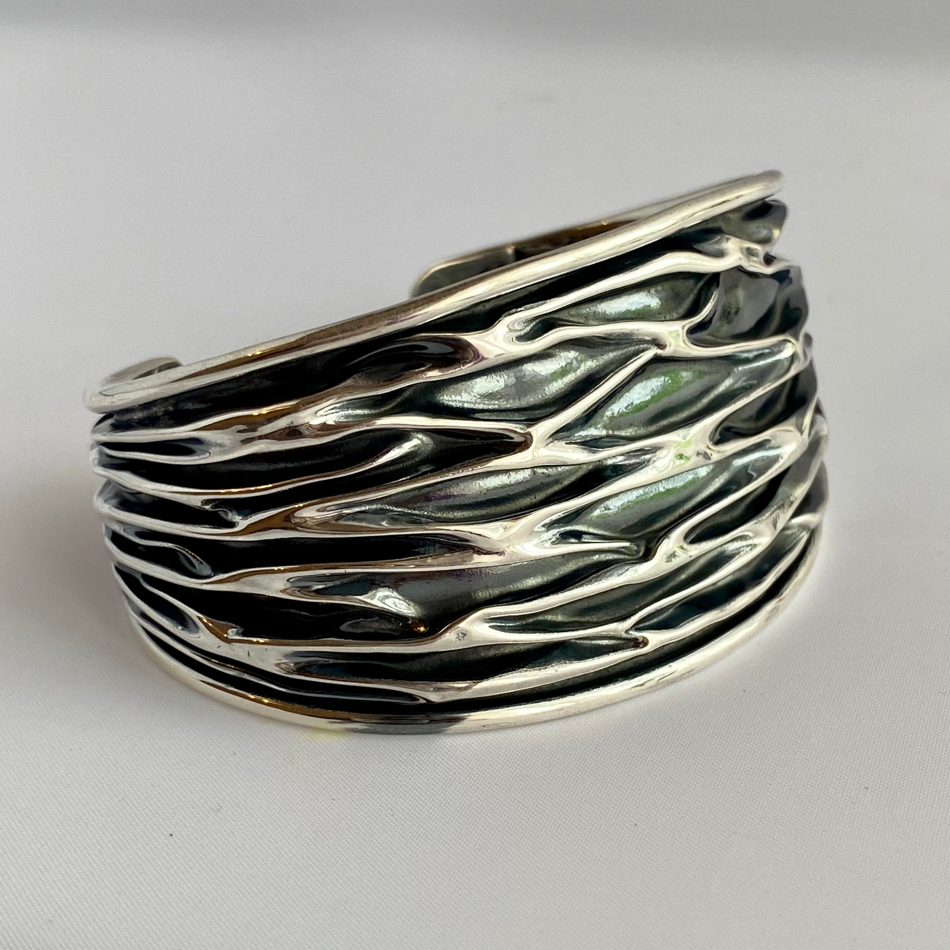 Wide Oxidised Sterling Silver Textured Patterned Cuff