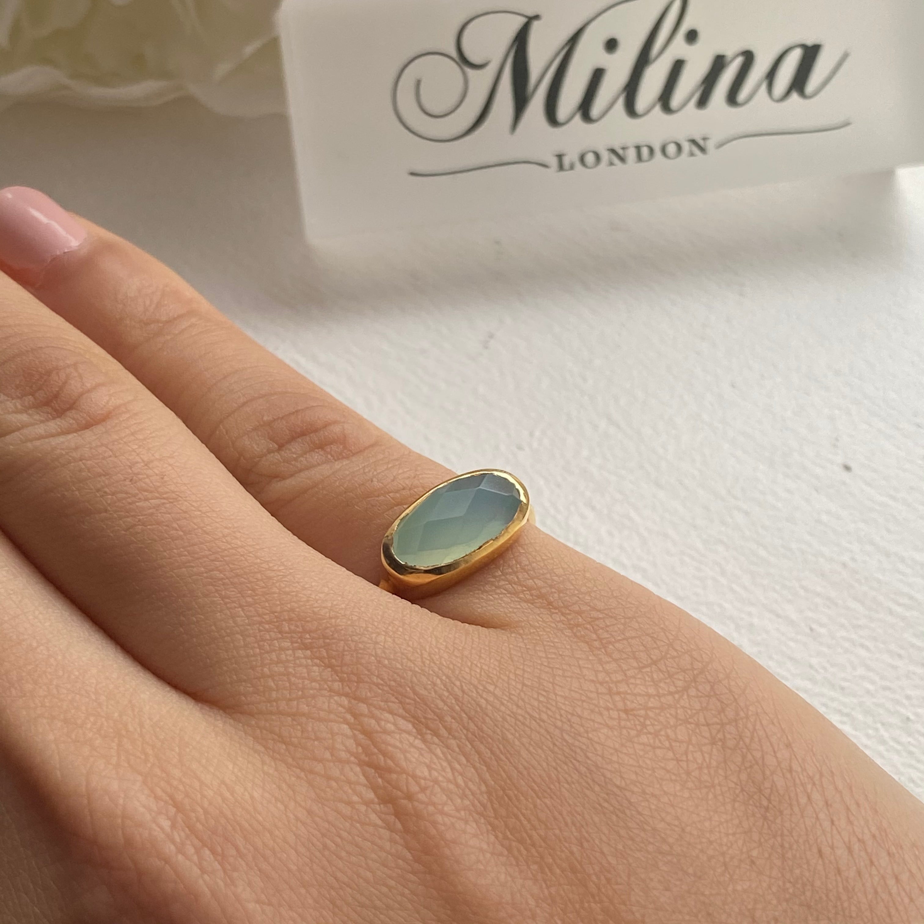 Faceted Oval Cut Natural Gemstone Gold Plated Sterling Silver Fine Band Ring - Aqua Chalcedony
