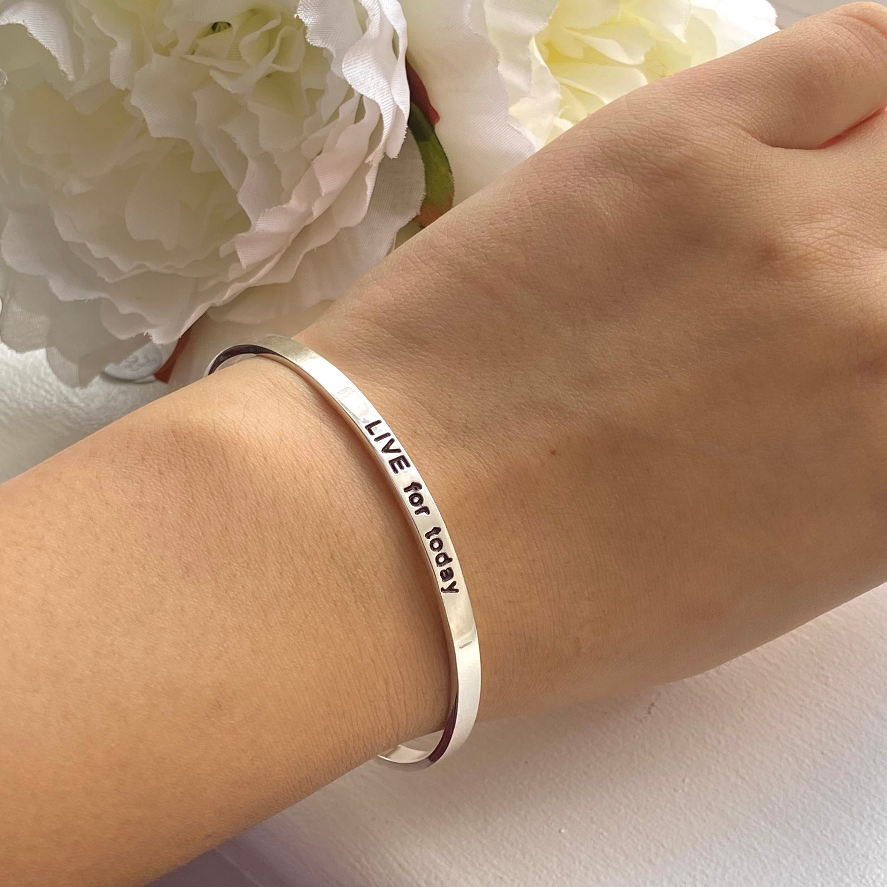 Sterling Silver Motivational Quote Bangle - Live For Today