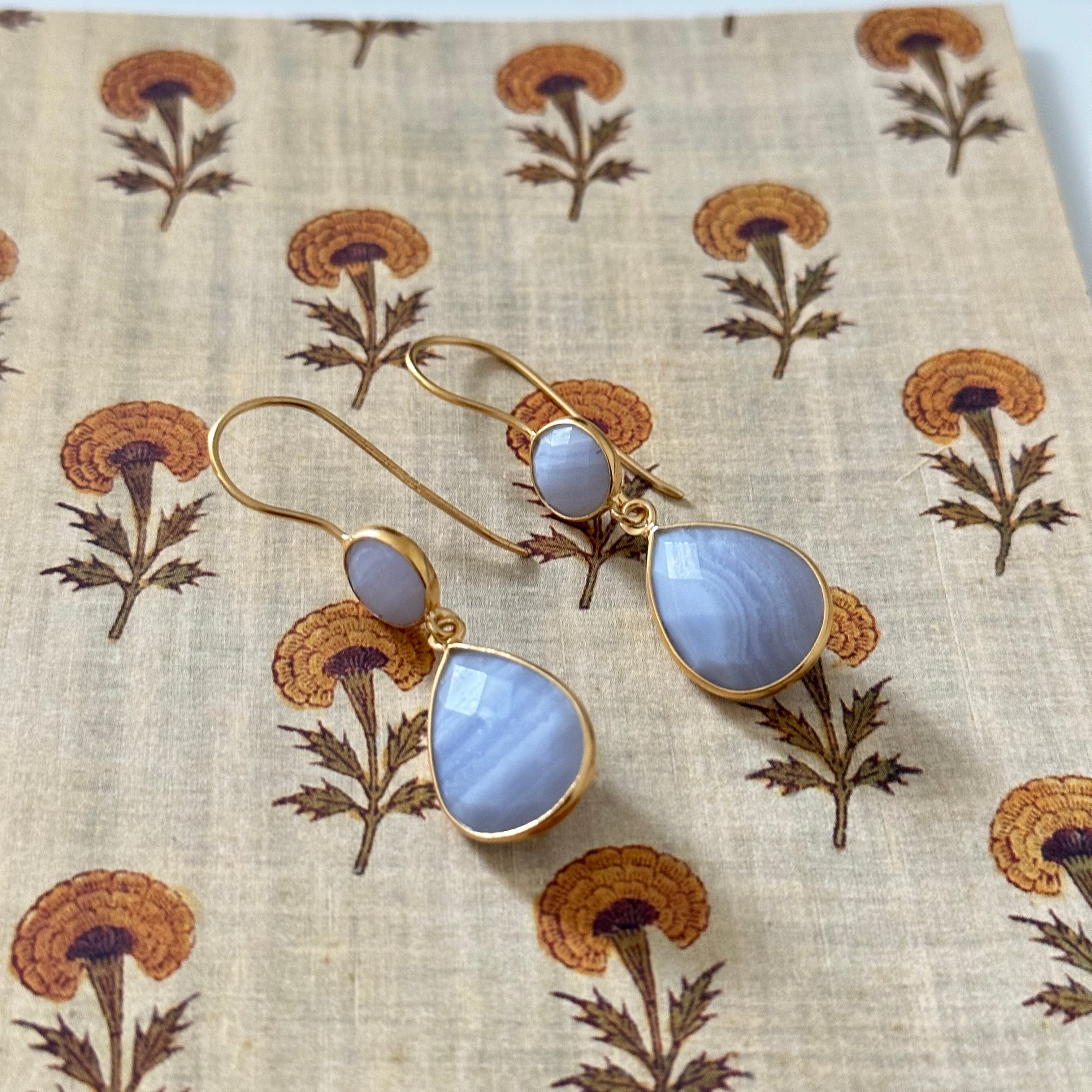 Blue Laced Agate Gemstone Two Stone Earrings in Gold Plated Sterling Silver - Teardrop