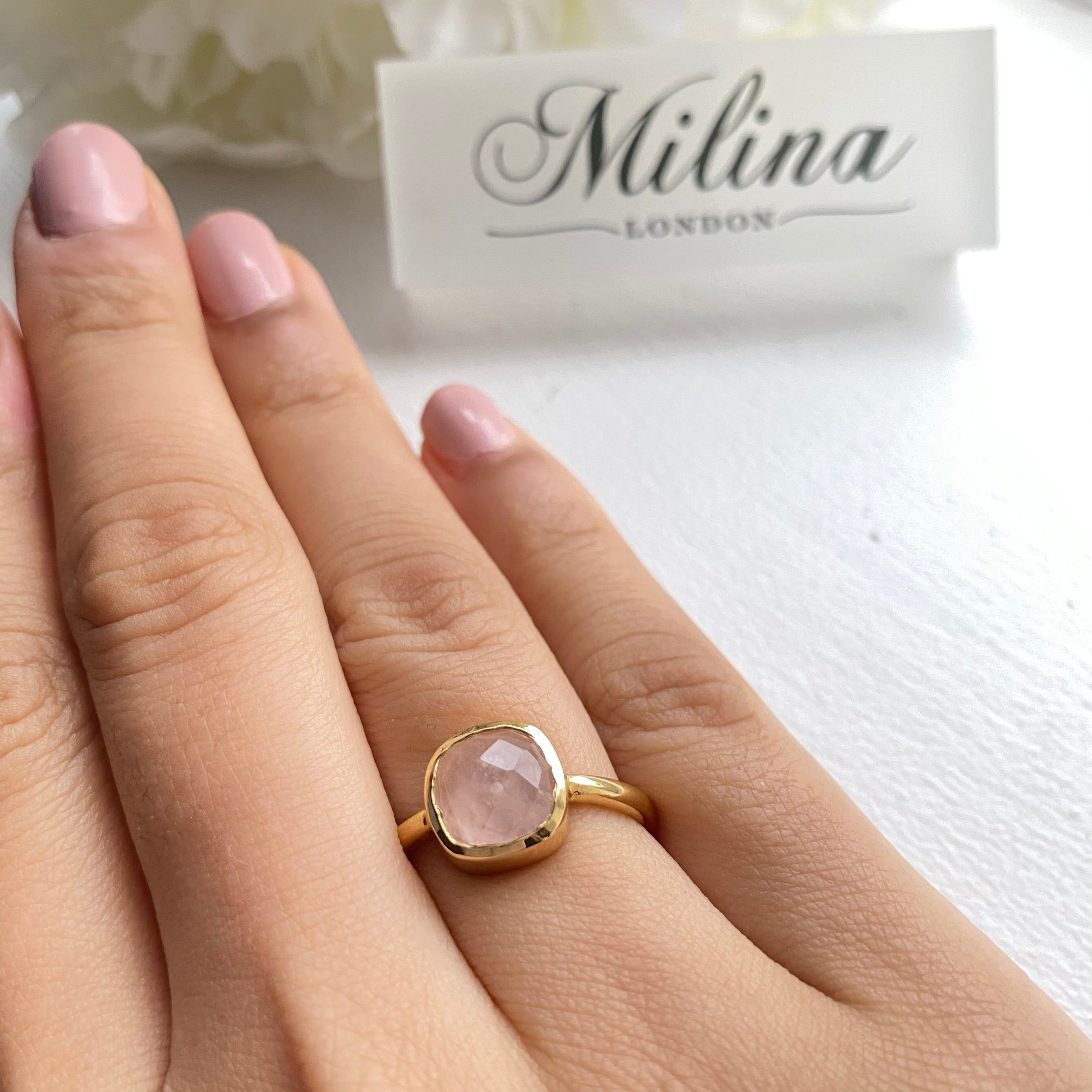 Faceted Square Cut Natural Gemstone Gold Plated Sterling Silver Solitaire Ring - Rose Quartz