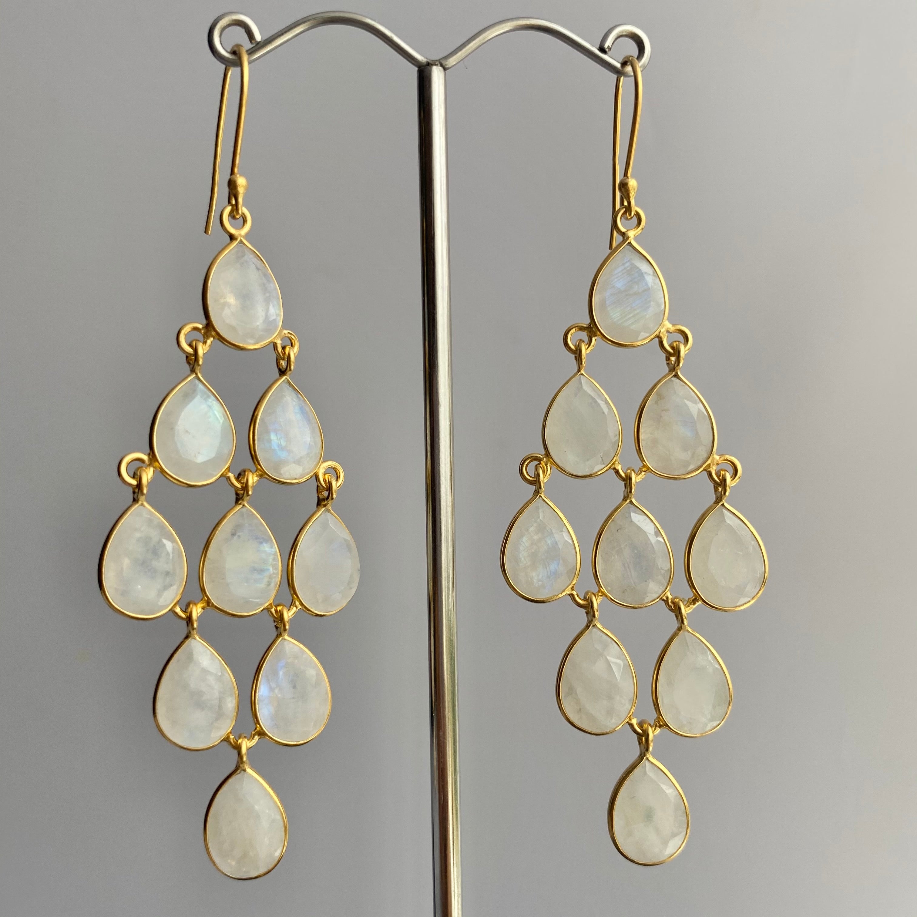 Gold Plated Sterling Silver Chandelier Earrings with Natural Gemstones  - Moonstone