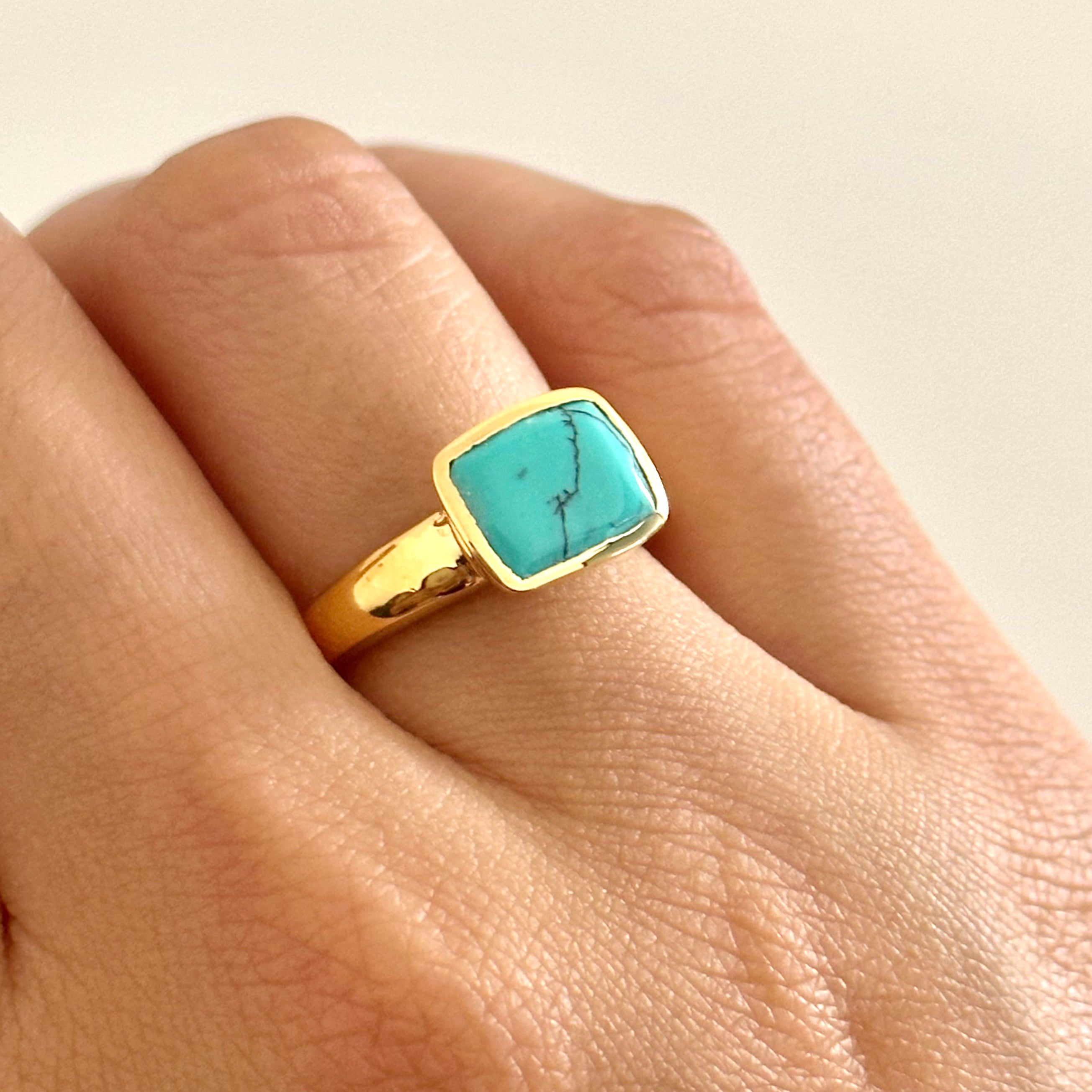 Faceted Rectangular Cut Natural Gemstone Gold Plated Sterling Silver Ring - Turquoise