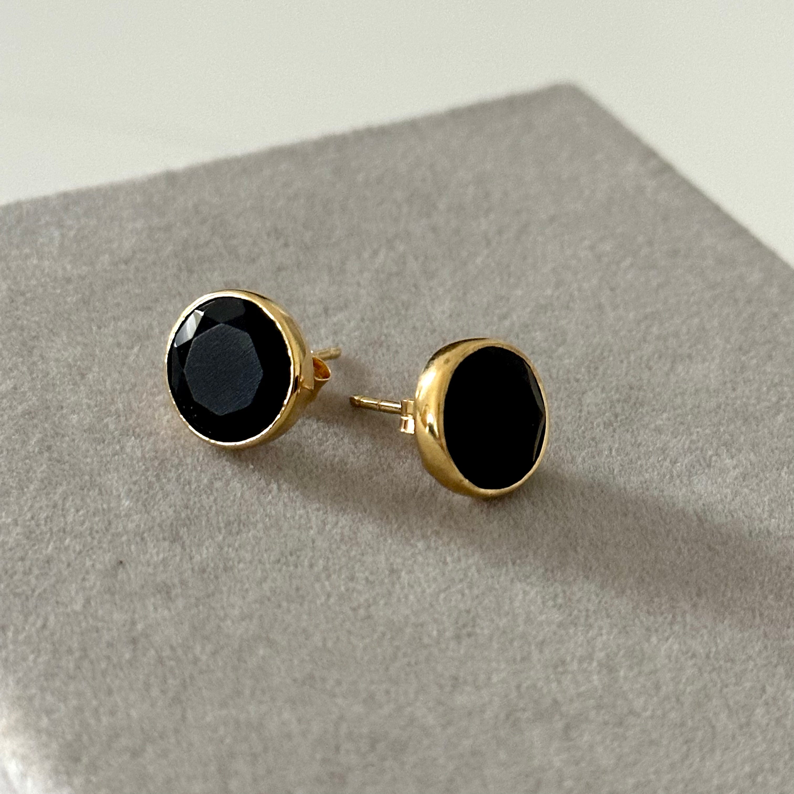 Black Onyx Studs in Gold Plated Sterling Silver with a Round Faceted Gemstone