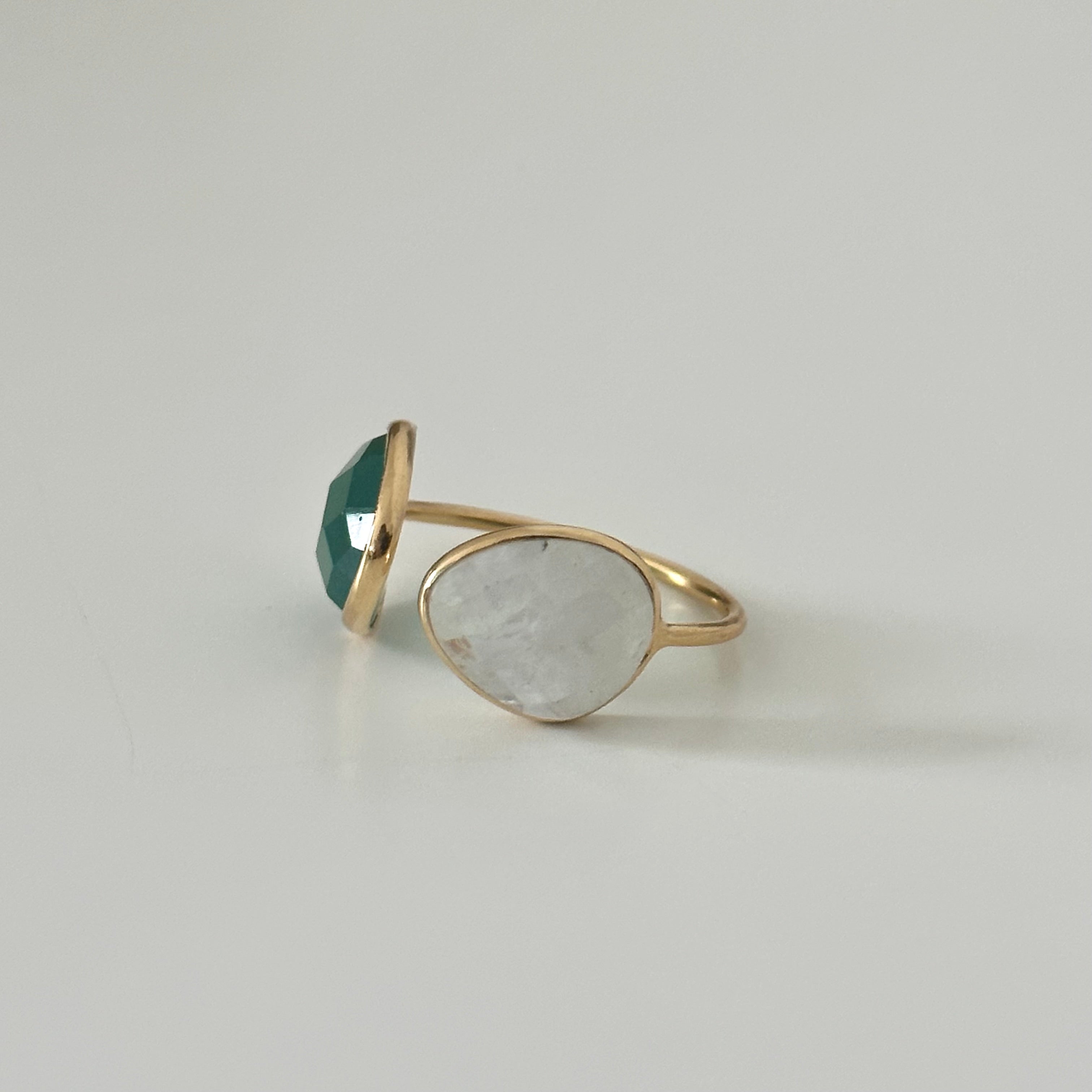 Gold Plated Sterling Silver Two Gemstone Ring with Green Onyx and Moonstone