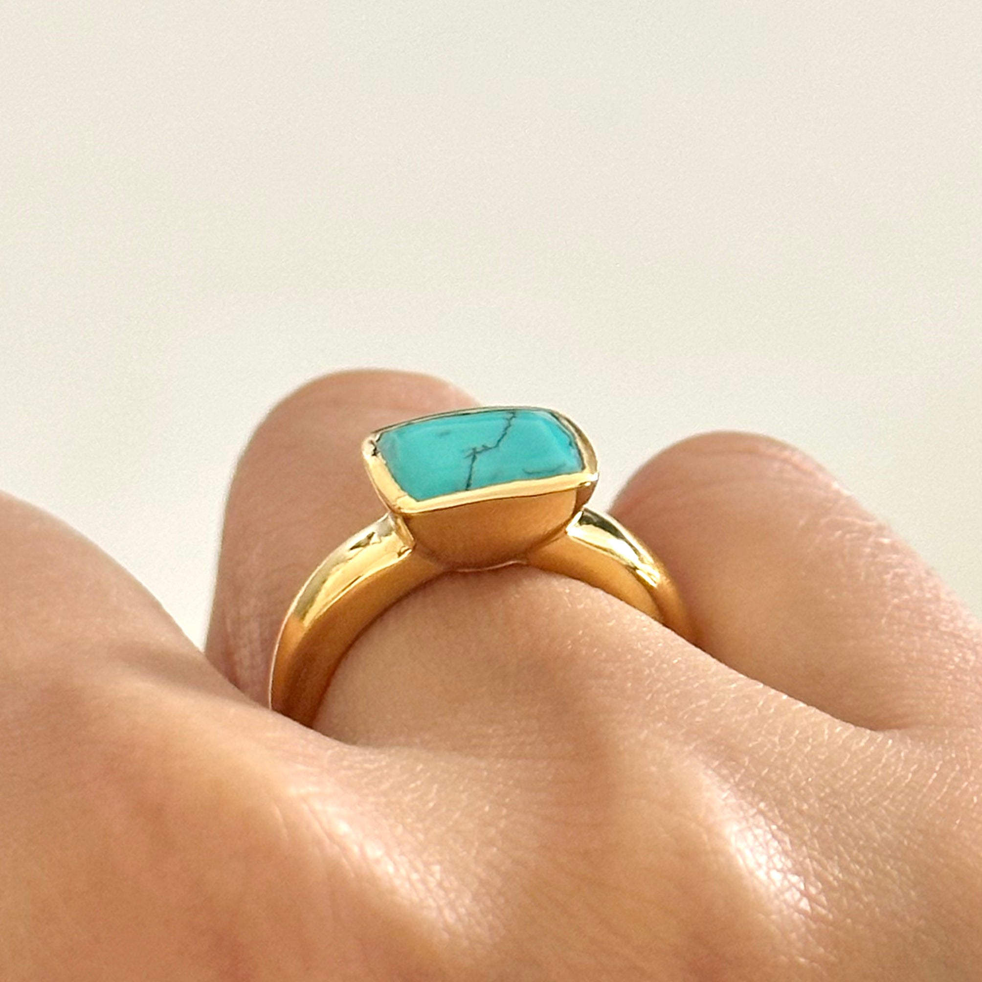 Faceted Rectangular Cut Natural Gemstone Gold Plated Sterling Silver Ring - Turquoise