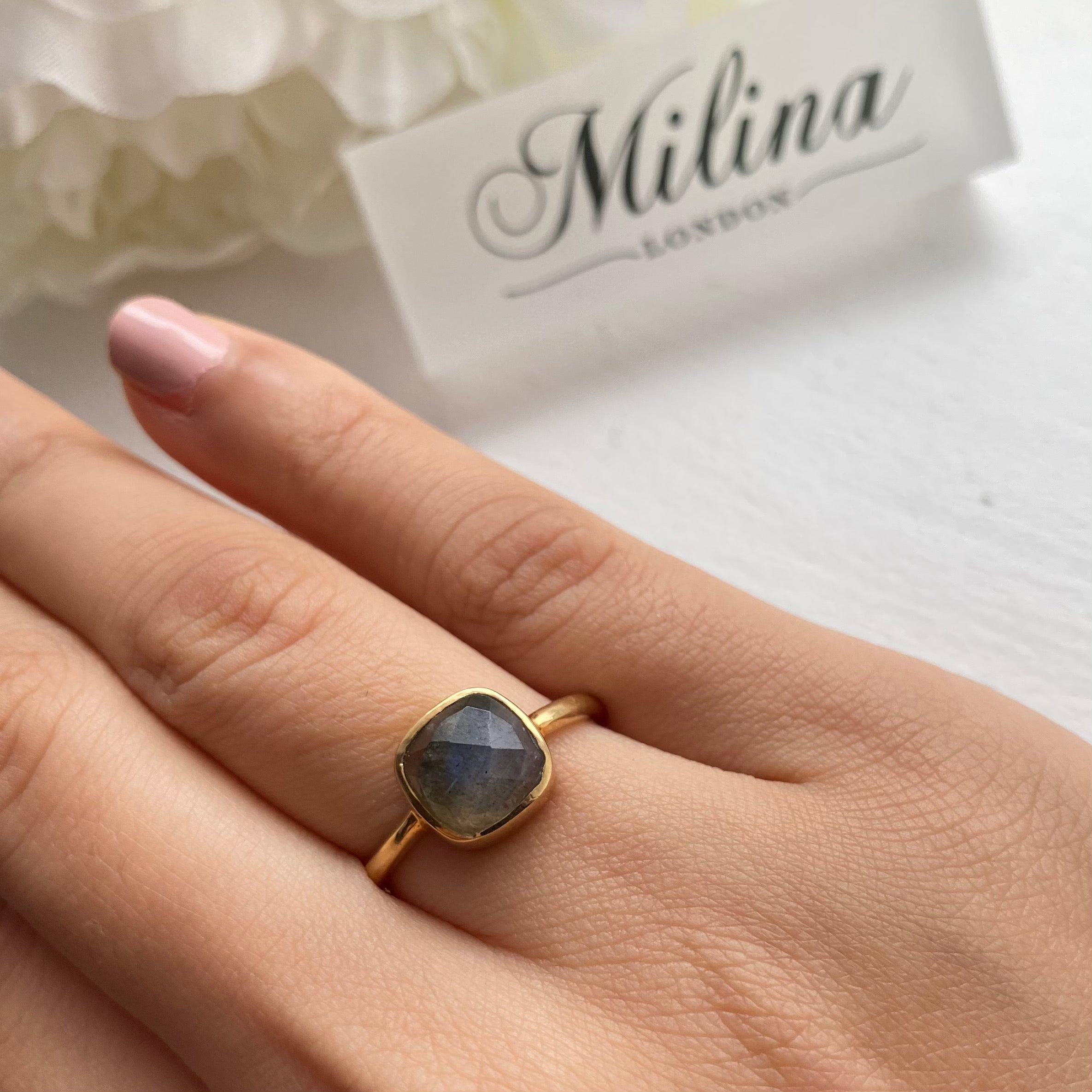 Faceted Square Cut Natural Gemstone Gold Plated Sterling Silver Solitaire Ring - Labradorite