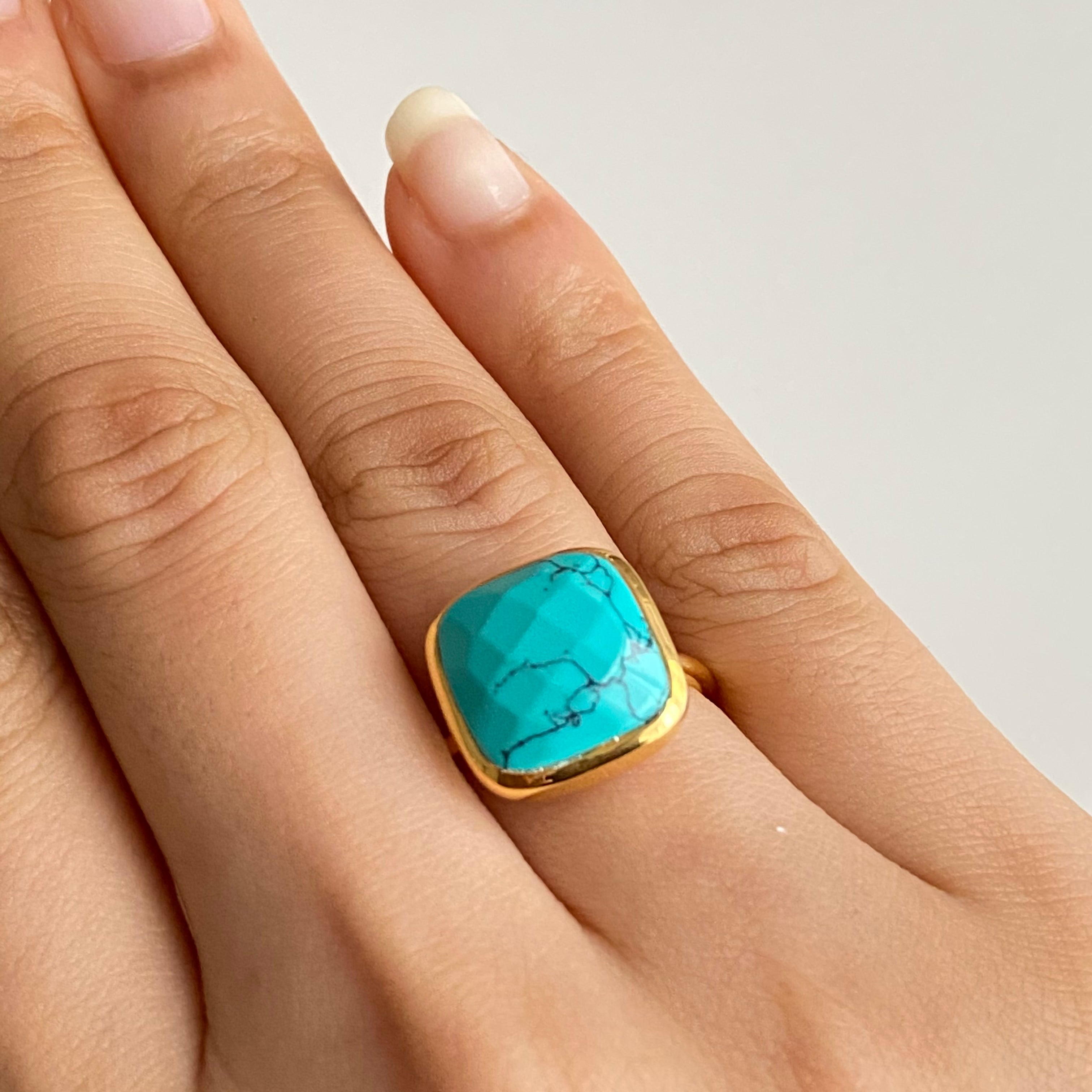 Gold Plated Silver Ring with Square Semiprecious Stone - Turquoise