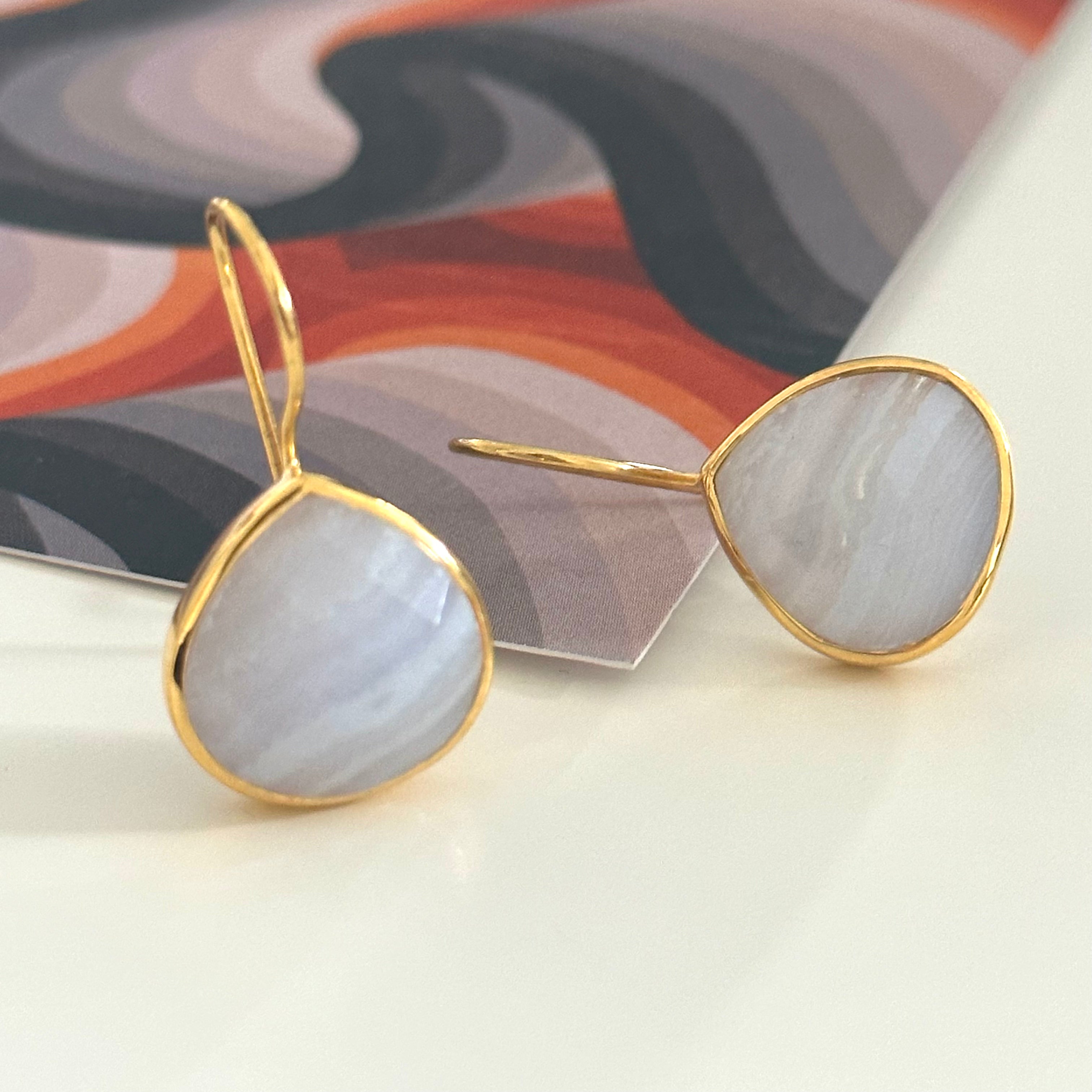 Blue Laced Agate Gemstone Gold Plated Sterling Silver Teardrop Earrings