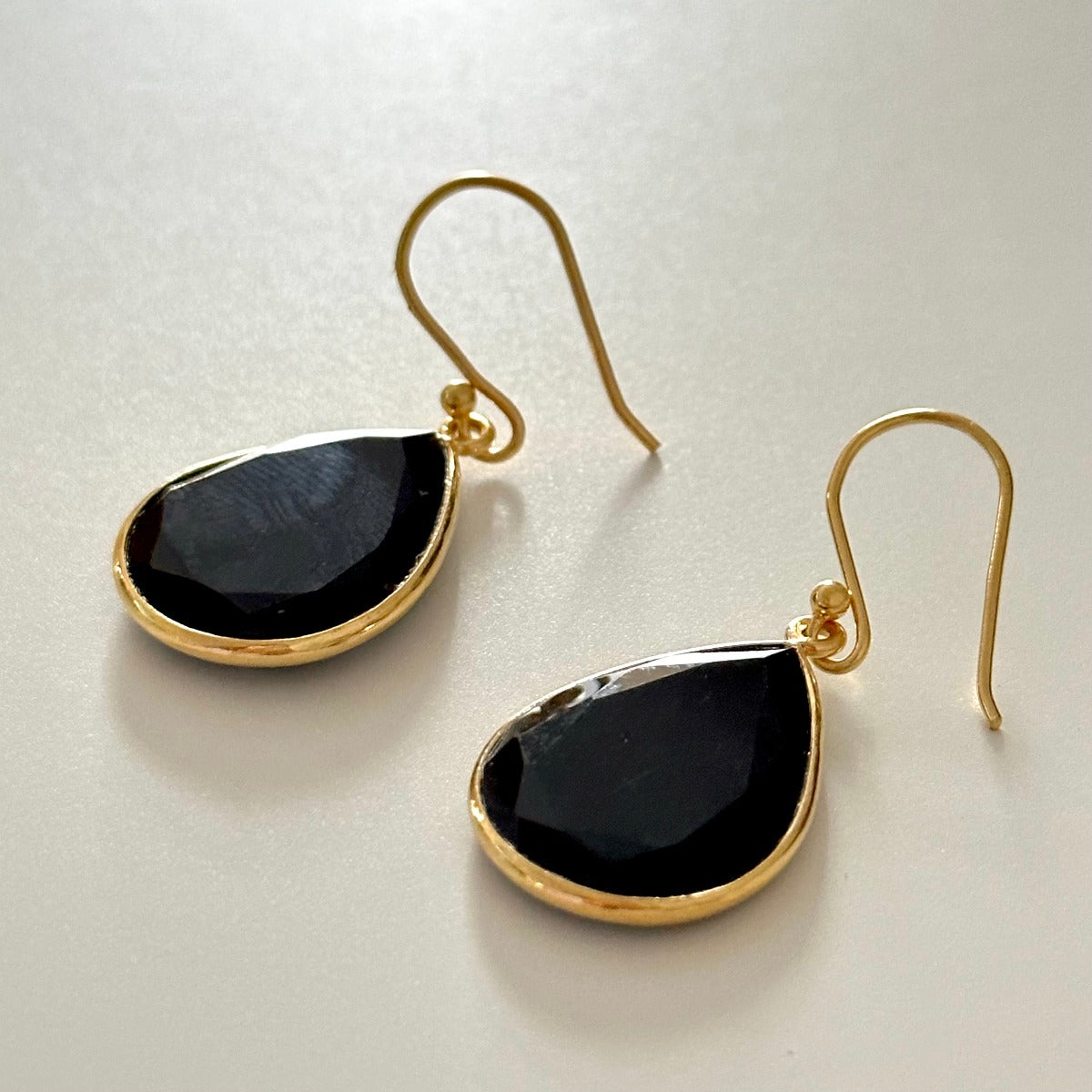 Black Onyx Gold Plated Sterling Silver Earrings with a Tear Drop Shaped Gemstone - Milina London