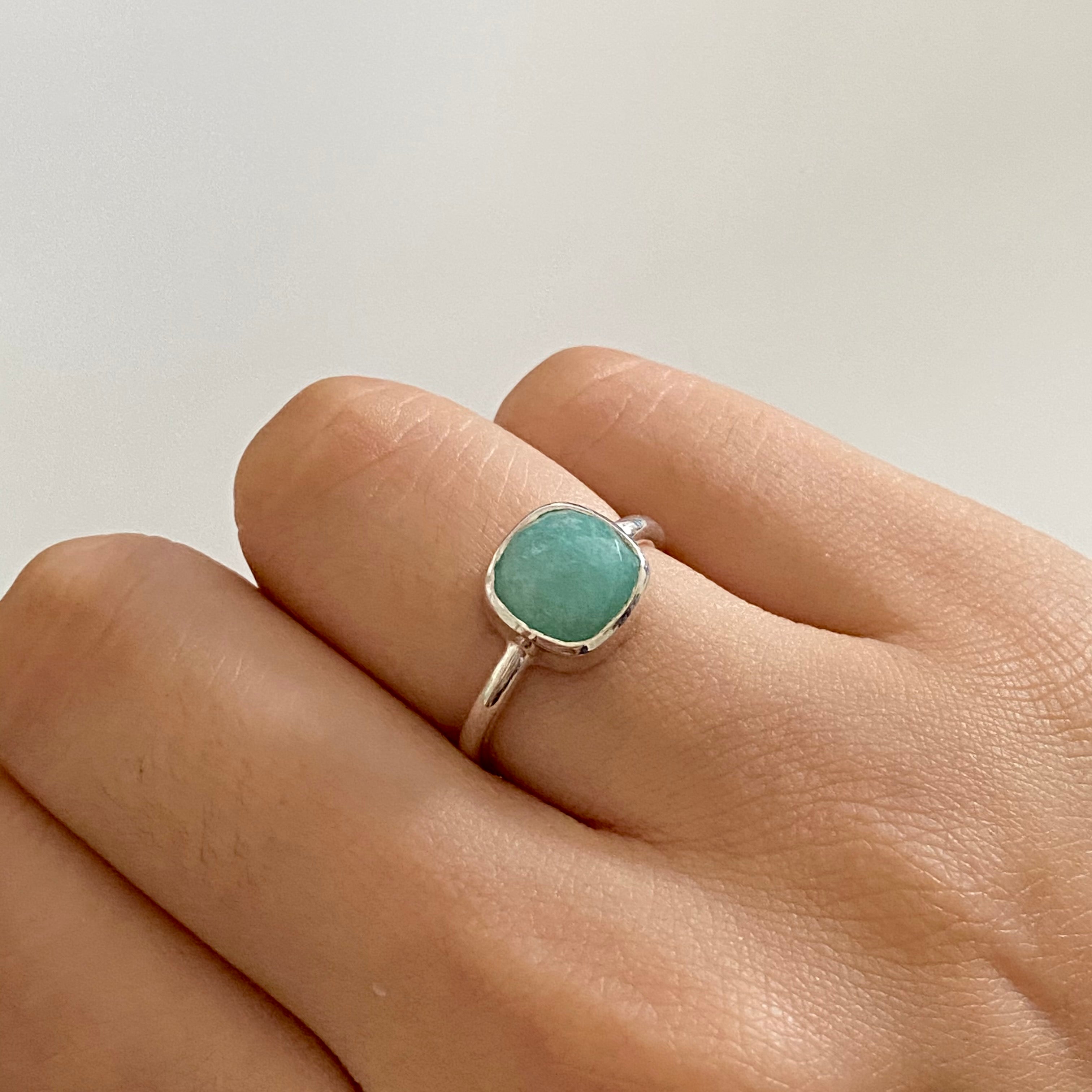 Faceted Square Cut Natural Gemstone Sterling Silver Solitaire Ring - Amazonite