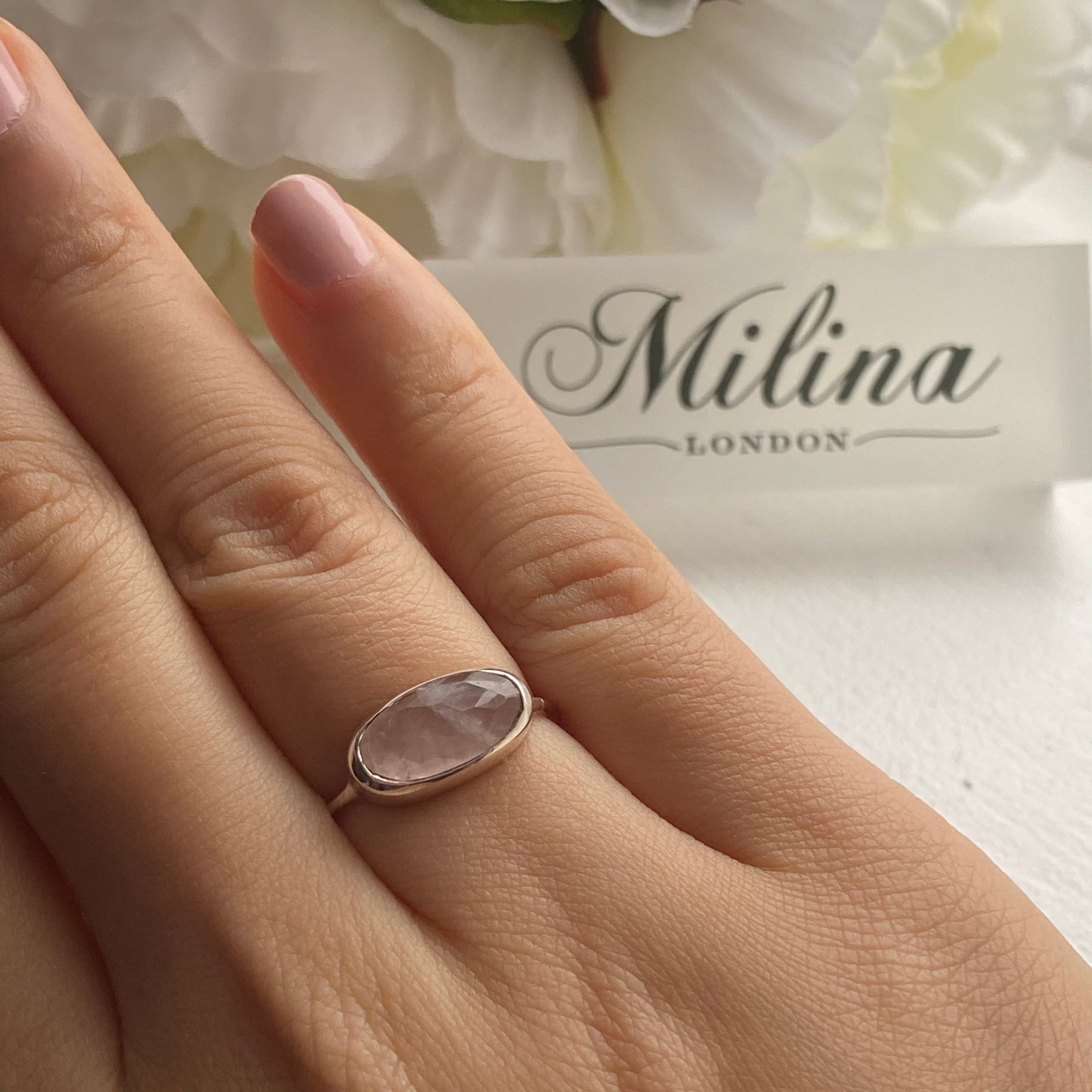 Faceted Oval Cut Natural Gemstone Sterling Silver Fine Band Ring - Rose Quartz